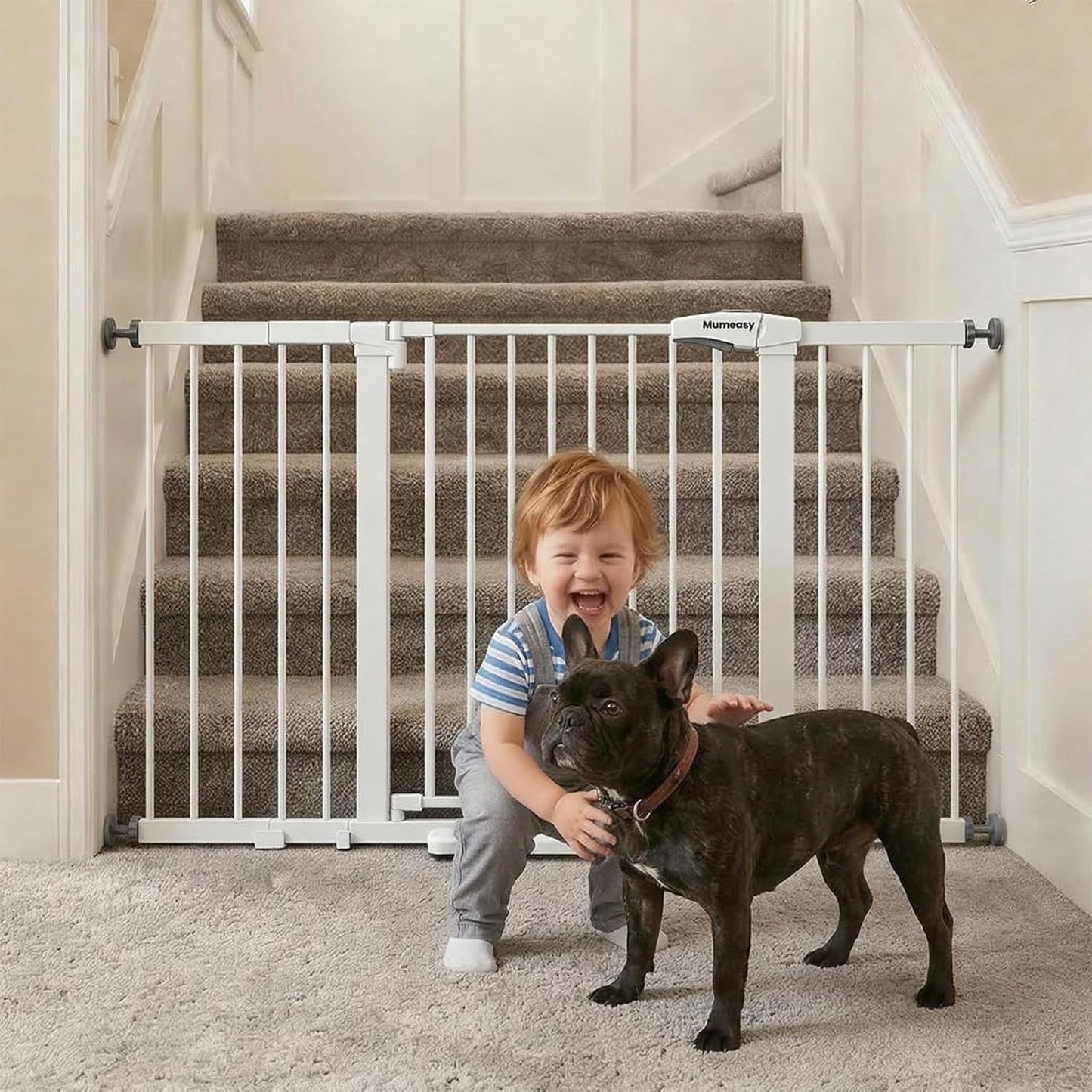 Mumeasy 29.7-57" Extra Wide Baby Gate for Doorways, Auto Close Dog Gate Indoor for Stairs, No-Drill Pressure Mounted Pet Gate with Door, Easy Walk Thru Long&Large Safety Gate for House, Outdoor, White