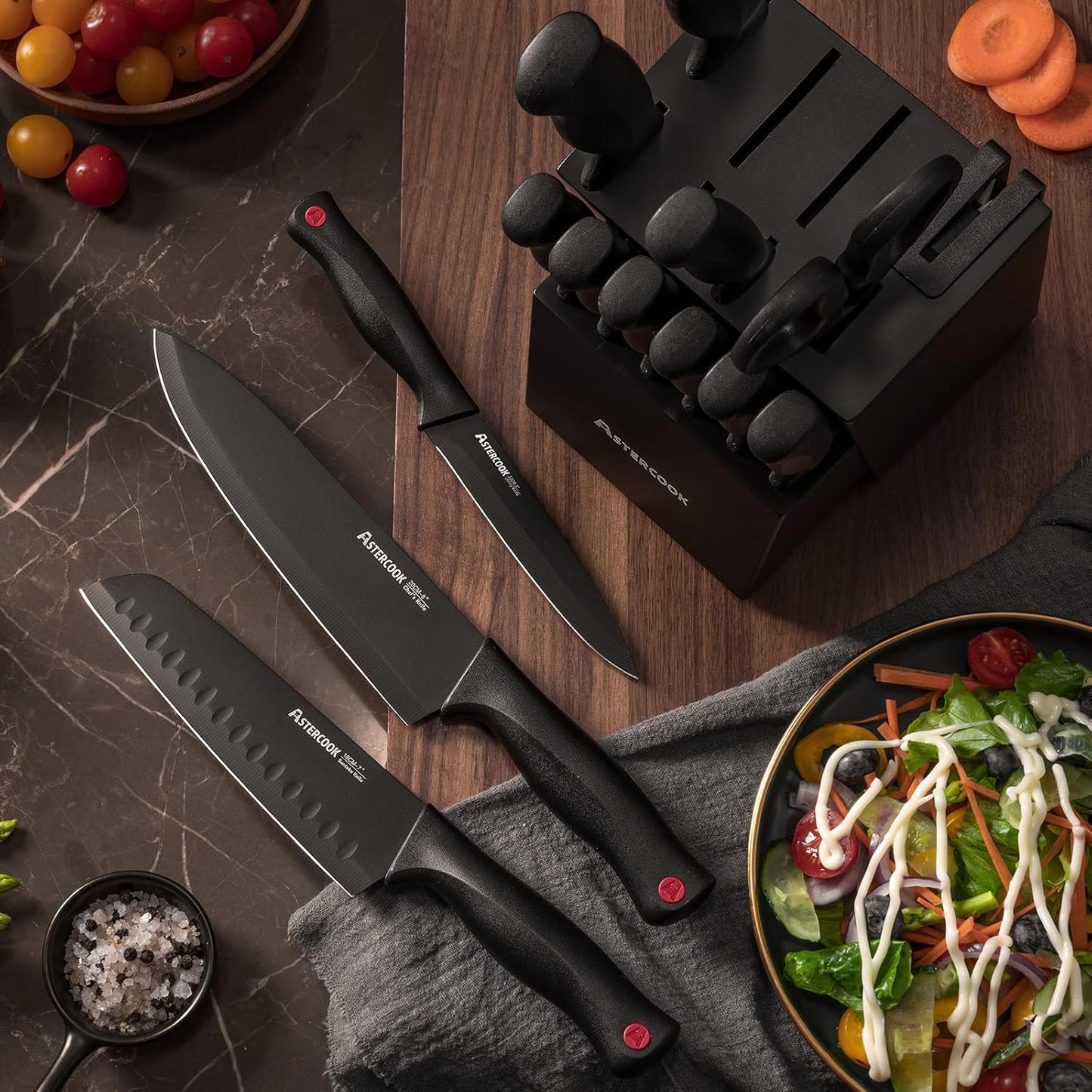 Knife Set, Astercook 15 Pieces Knife Sets for Kitchen with Block, Dishwasher Safe Kitchen Knife Set with Built in Sharpener Block, German Stainless Steel Knife Block Set, Valentine's Gift