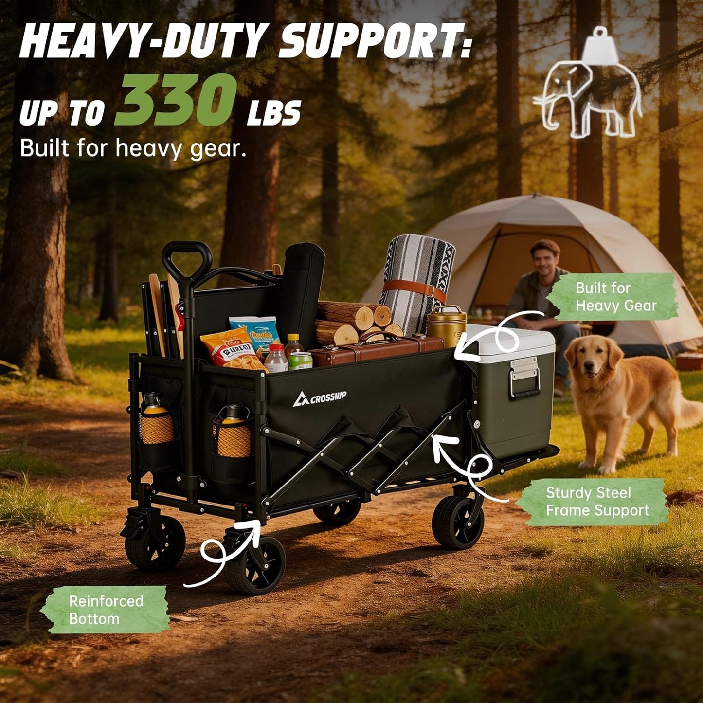 Collapsible Wagon Cart with Drop-Down Tailgate, 150L Heavy Duty Foldable Garden Cart 330 lbs Capacity, All-Terrain Wheels Utility Wagon for Beach, Camping, Long Items & Pet Transport
