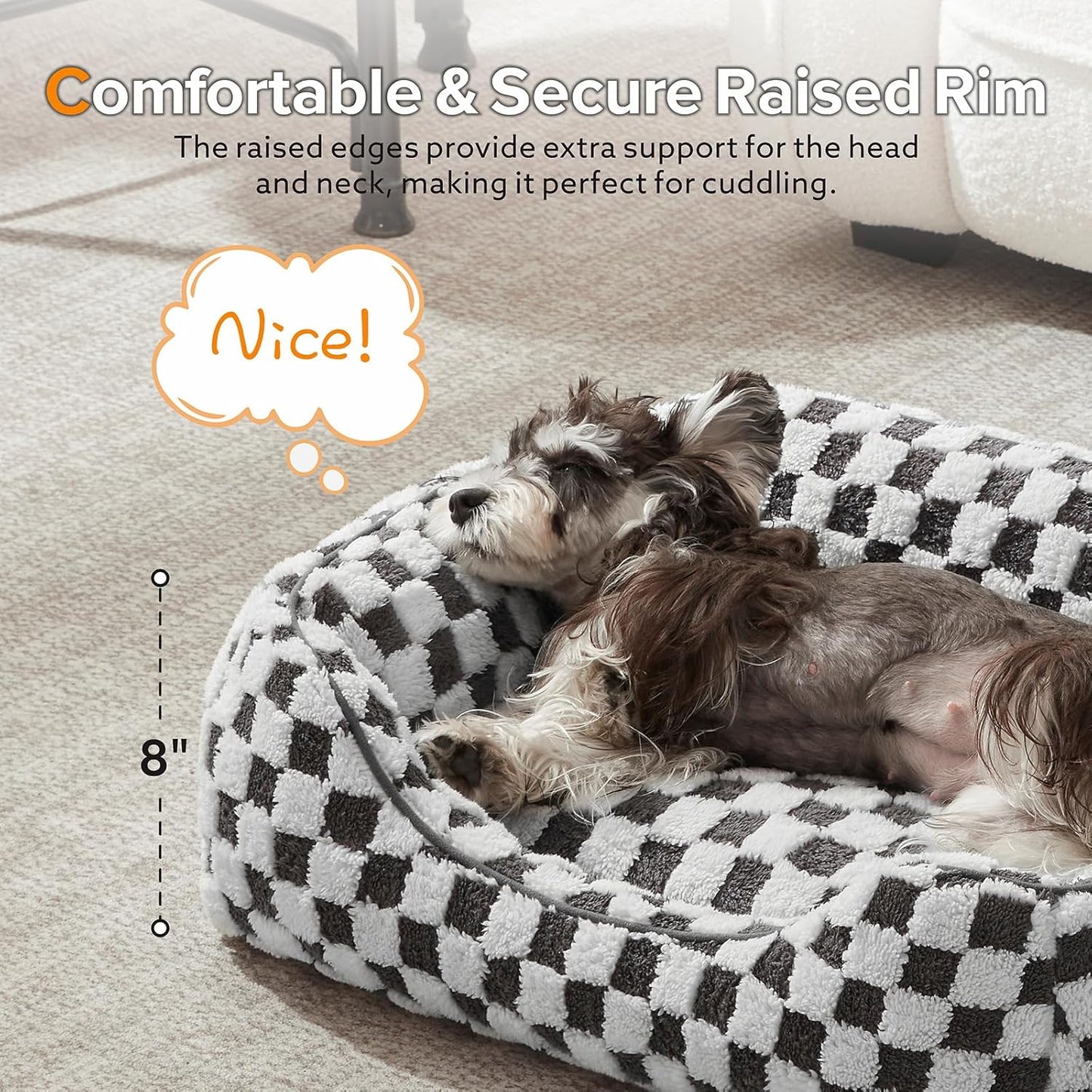 JOEJOY Dog Bed for Medium Small Dogs - Rectangle Orthopedic Dog Sofa Bed, Cute Modern Puppy Bed with Jacquard Shaggy Plush & Anti Slip Bottom, 25x21x8inches, Grey