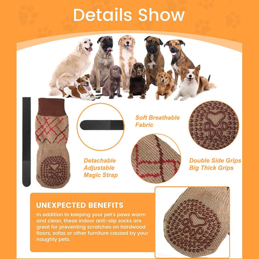 Dog Socks with Grippers for Senior Dog, Hardwood Floors, Dog Socks to Prevent Licking Paws Shoes Booties Boots & Paw Protectors for Hot Pavement, Winter (XS, Dot Khaki)