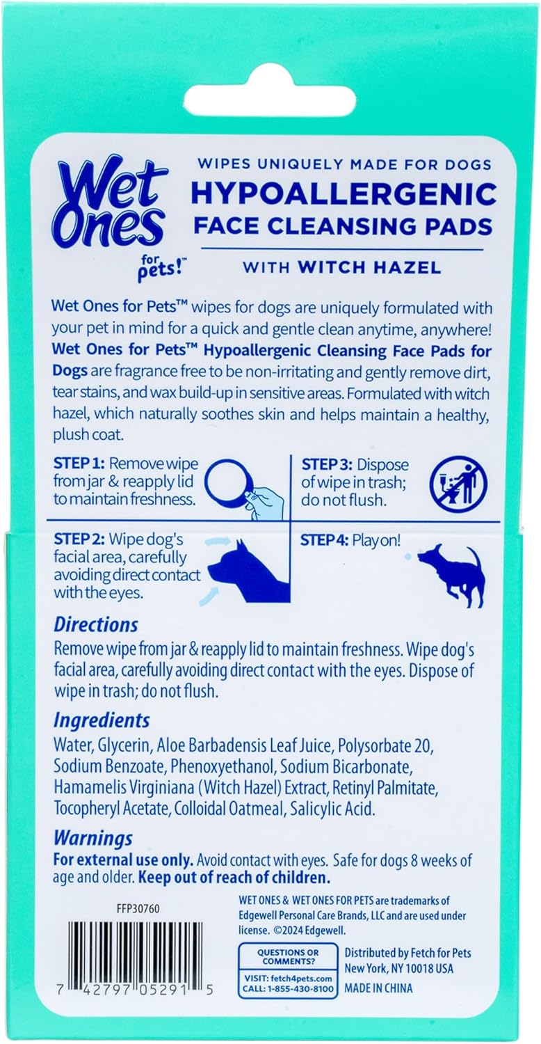 Wet Ones for Pets Hypoallergenic Face Cleansing Pads for Dogs, Fragrance Free - Small, Disposable Round Dog Face Cleaning Wipes, Extra Gentle, 50 Count