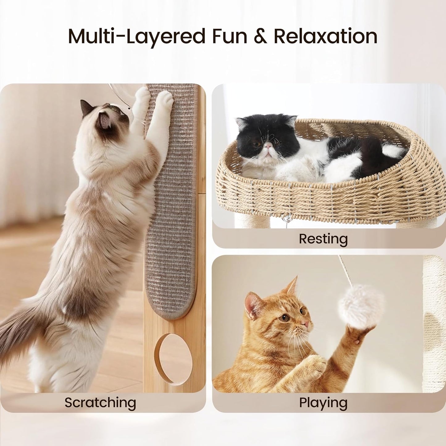 59-inch Cat Tree，Cat Tower with Scratching Post,Extra Long Sisal Blanket, Handwoven Basket & Space Capsule Nest