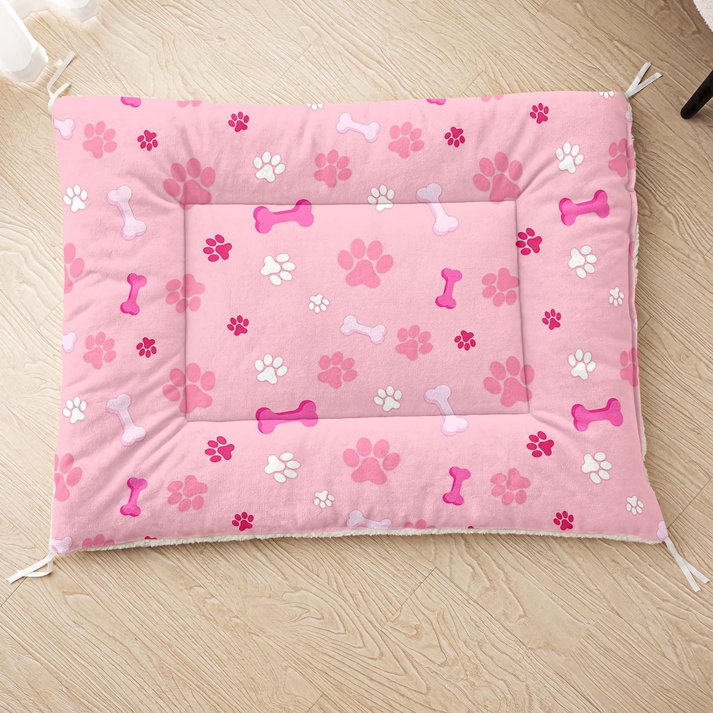 Pink Paw Print Dog Bed Mat - Cute Puppy Pad for Crate or Kennel - Washable Bone Design Pet Mat - Soft Fleece Liner for Small Dogs & Cats - Anti-Slip (M)