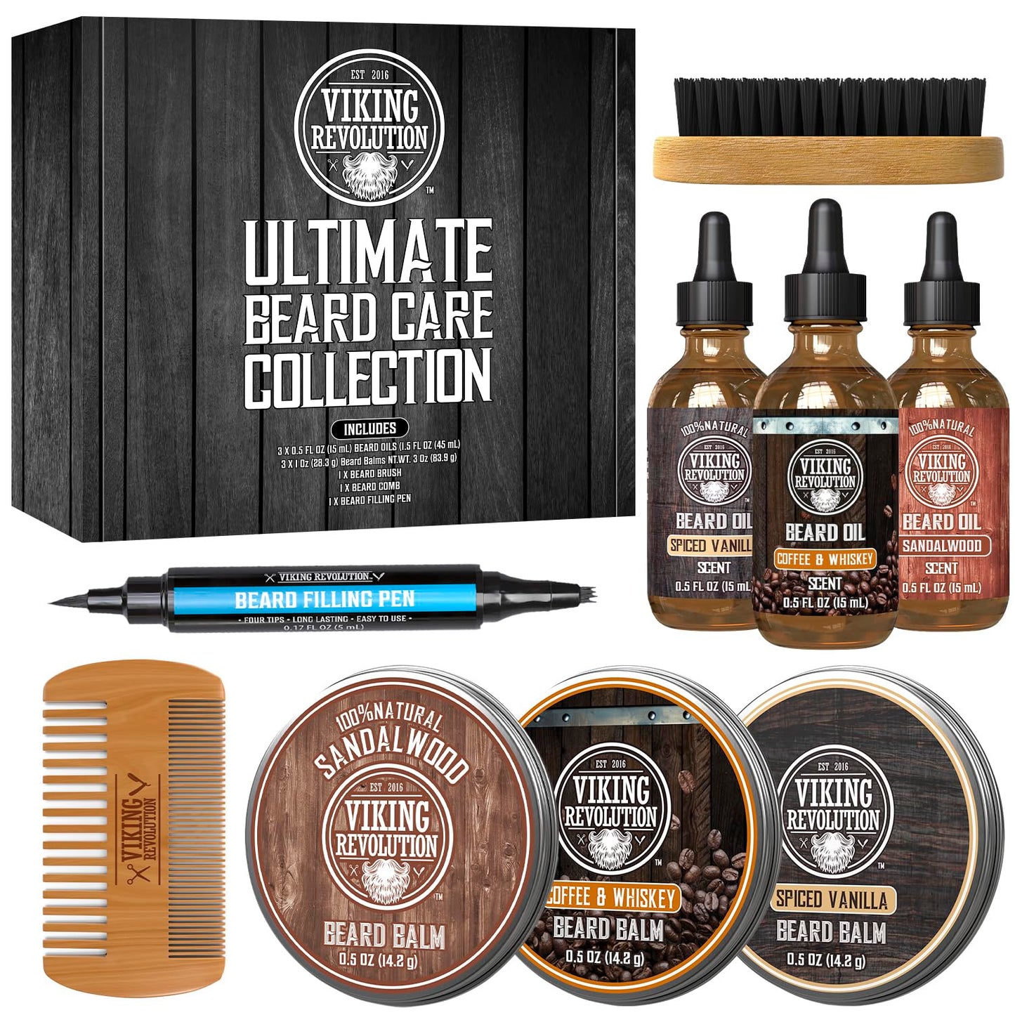 Viking Revolution Ultimate Beard Care Collection - Gifts for Men Includes Oil, Balm, Brush, Comb and Pen - Beard Kit for Men with Sandalwood, Spiced Vanilla, Coffee Whiskey, Sweet Tobacco