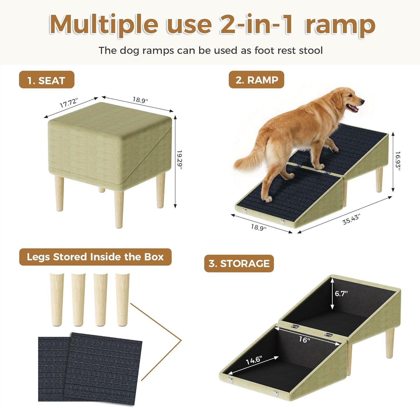3-in-1 Dog Ramp Pet Stairs 18.9"x17.72"x19.29" with Hidden Storage Ottoman, Anti-Slip Steps for Small, Medium, Large, Senior & Injured Pets, 220LBS for Bed & Sofa, Green
