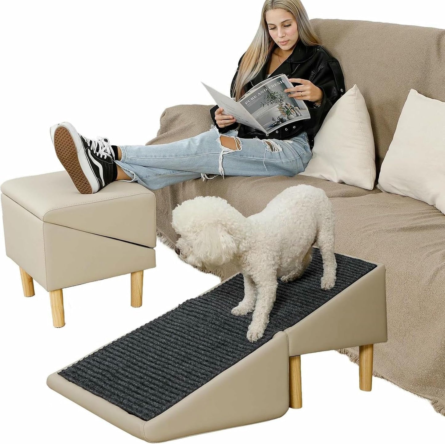Dog Ramp for Couch; Wide All-in-one Split Ottoman Dog Steps for Bed,Solid Wood, Foldable Pet Stairs for Large and Small Dogs