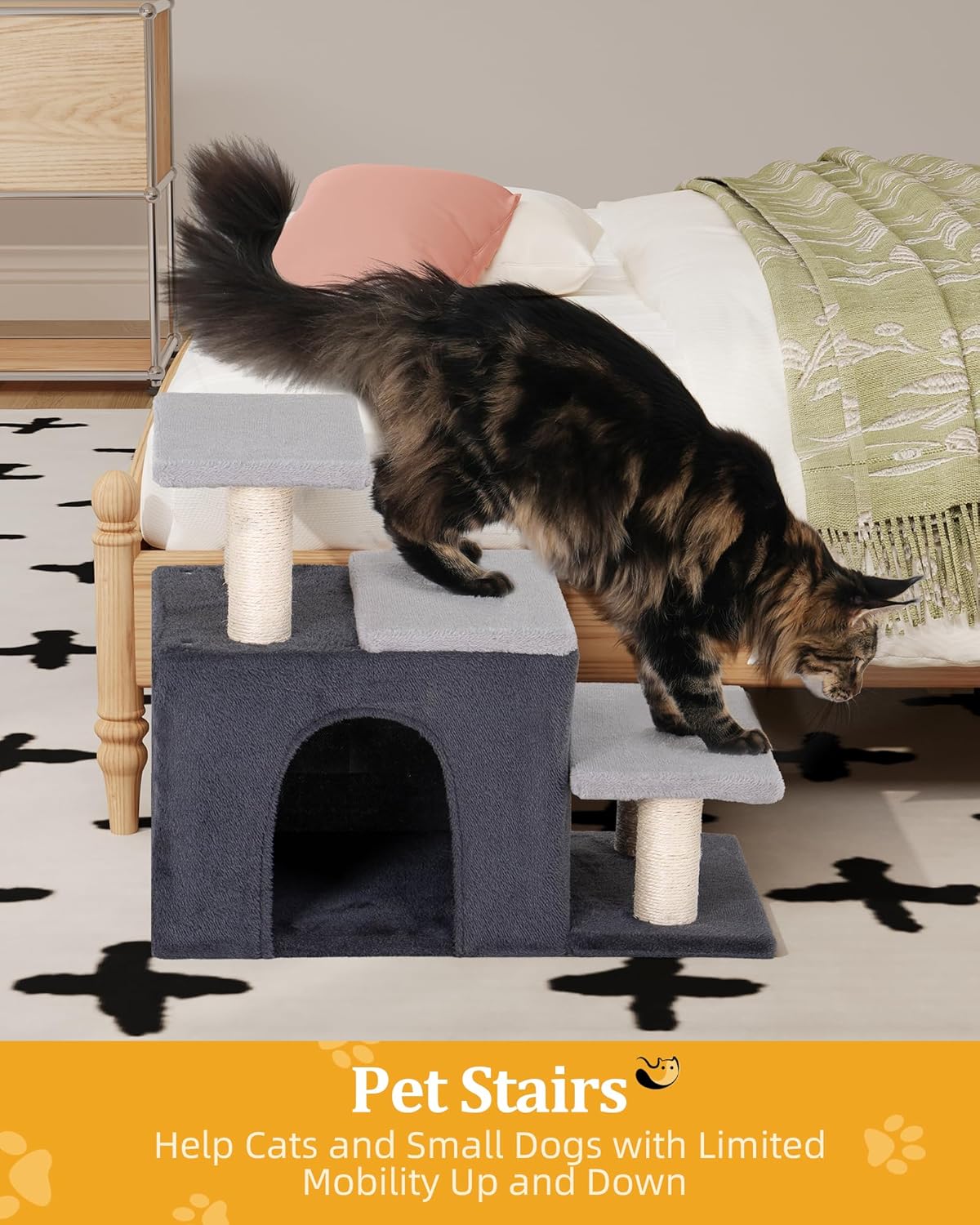 3-in-1 Pet Stairs for Cats, Dog Steps for Doggie Rabbits,7.8'' Depth Cat Stairs,Indoor Cat Steps for High Bed for Pet's Joints, Soft Plush, 1 Big Cat Condo Cave, Sisal Scratcher, Grey, Large