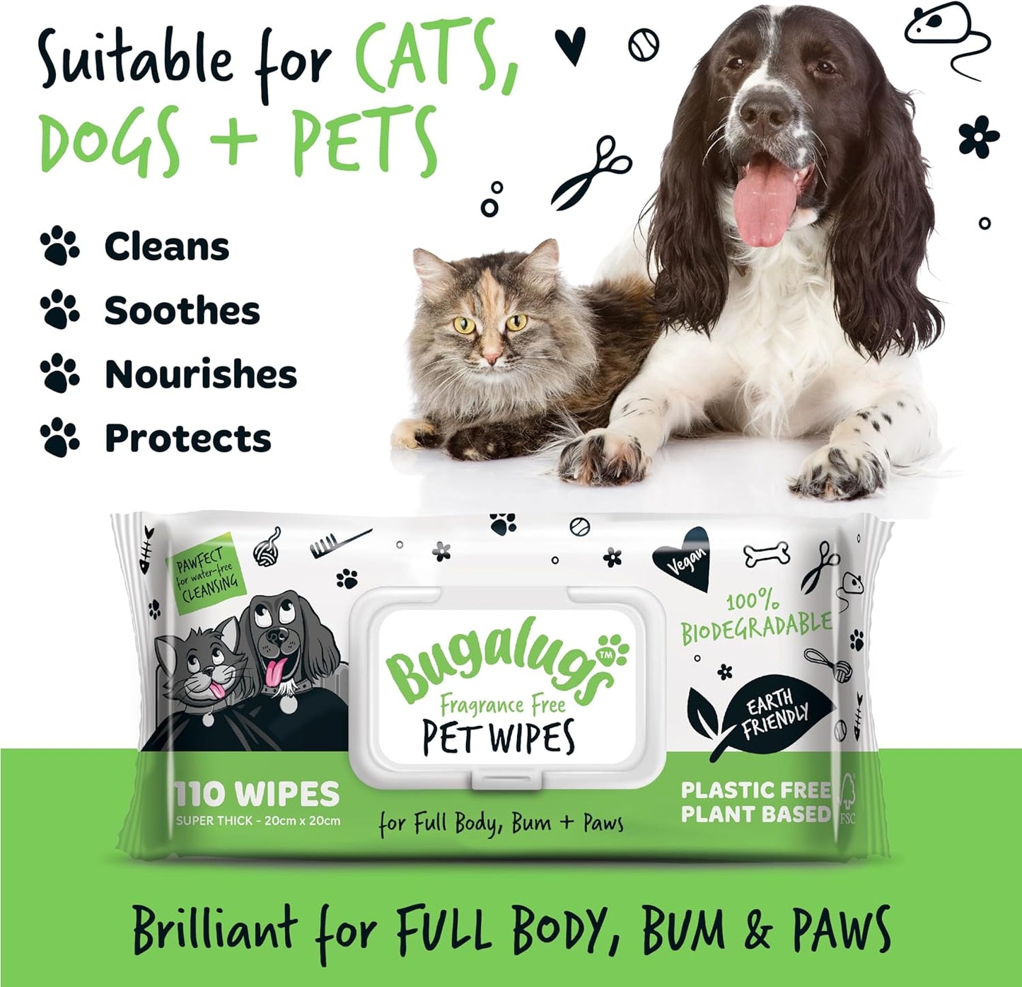 BUGALUGS Dog Wipes, 100% Plastic Free Biodegradable pet Wipes for Full Body, Eye Wipes, Ear Wipes, Bum & Paws. 110 Sensitive Dog Grooming Wipes for Dogs, Puppy & cat Grooming (Fragrance Free)