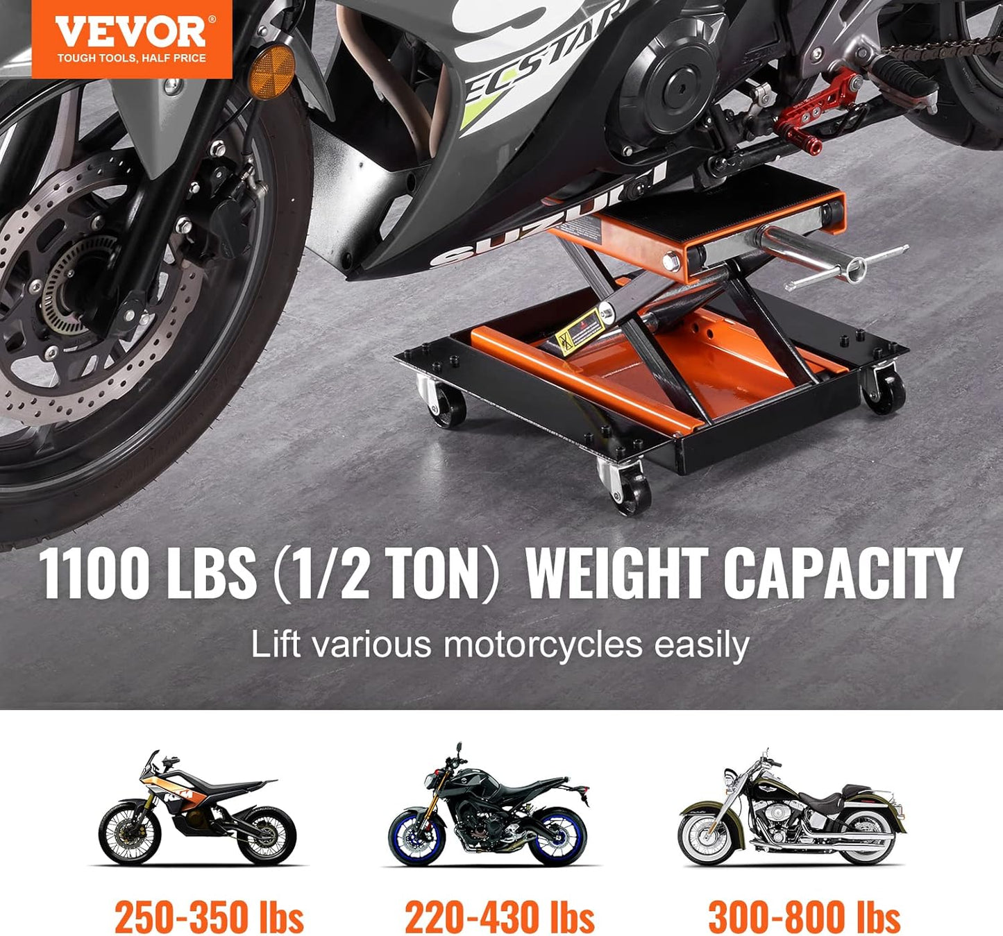 VEVOR Motorcycle Lift, 1100 LBS Motorcycle Lift ATV Scissor Lift Jack with Dolly & Hand Crank, Center Hoist Crank Stand with Wide Deck & Tool Tray for Street Bikes, Cruiser Bikes, Touring Motorcycles