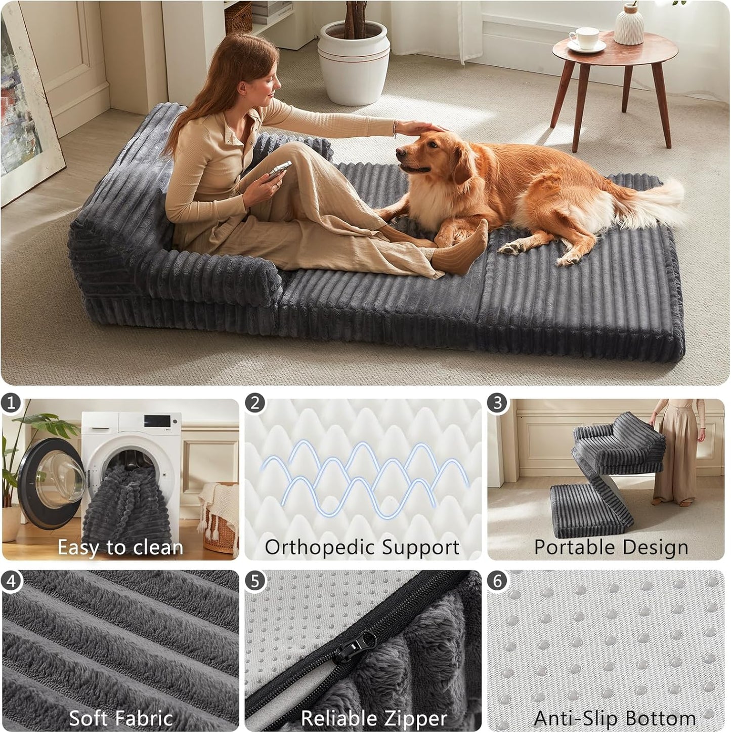 INVENHO Foldable Human Dog Bed, Orthopedic Egg-Crate Memory Foam Human Sized Dog Bed for Adult with Washable Removable Cover & Nonskid Bottom
