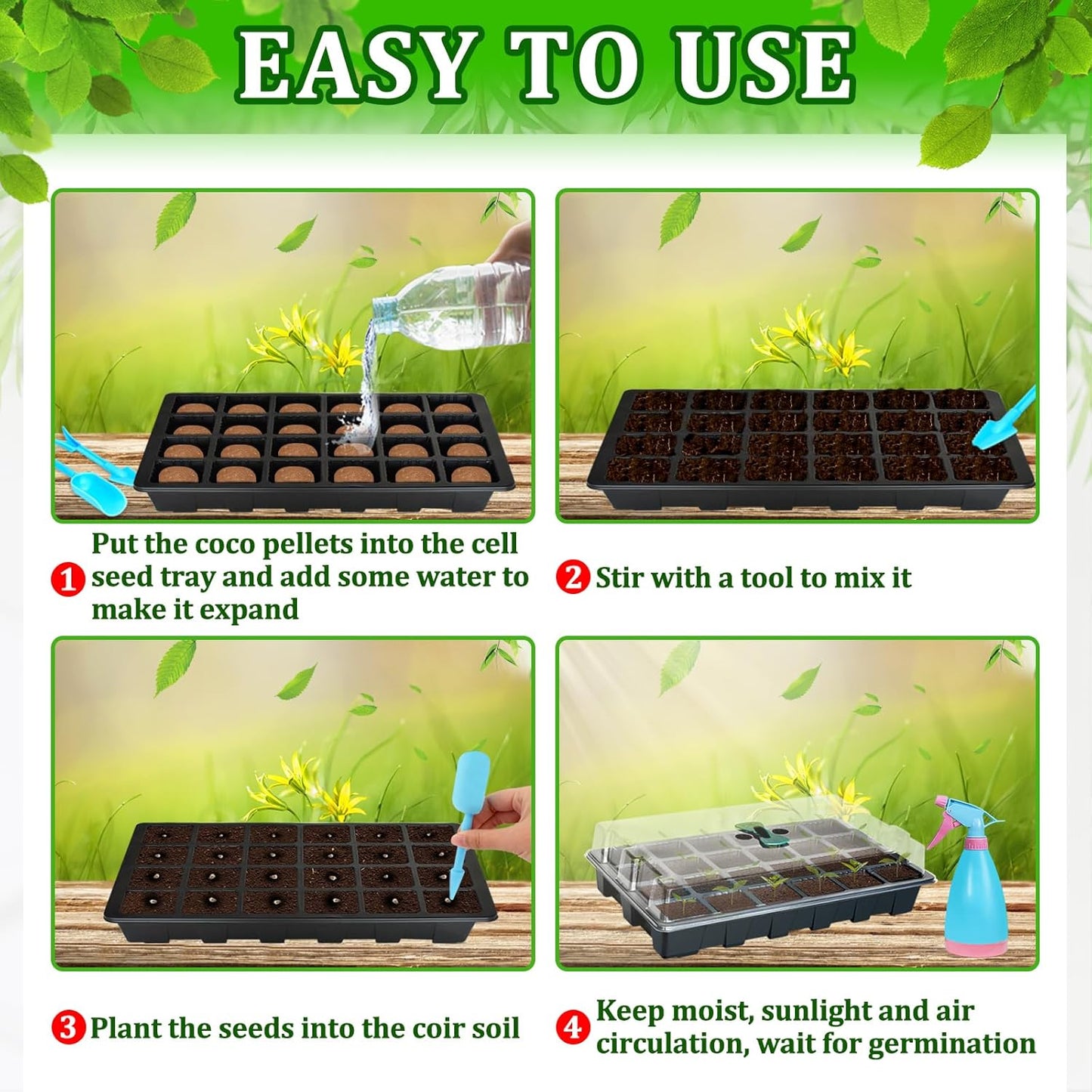 Halatool 2 Set Seed Starter Tray Kits, 2 Pack Germination Tray with 50 Pcs Coco Pellets, Greenhouse Indoor Seed Germination System for Herbs Vegetables Flowers, Seed Starter Kit