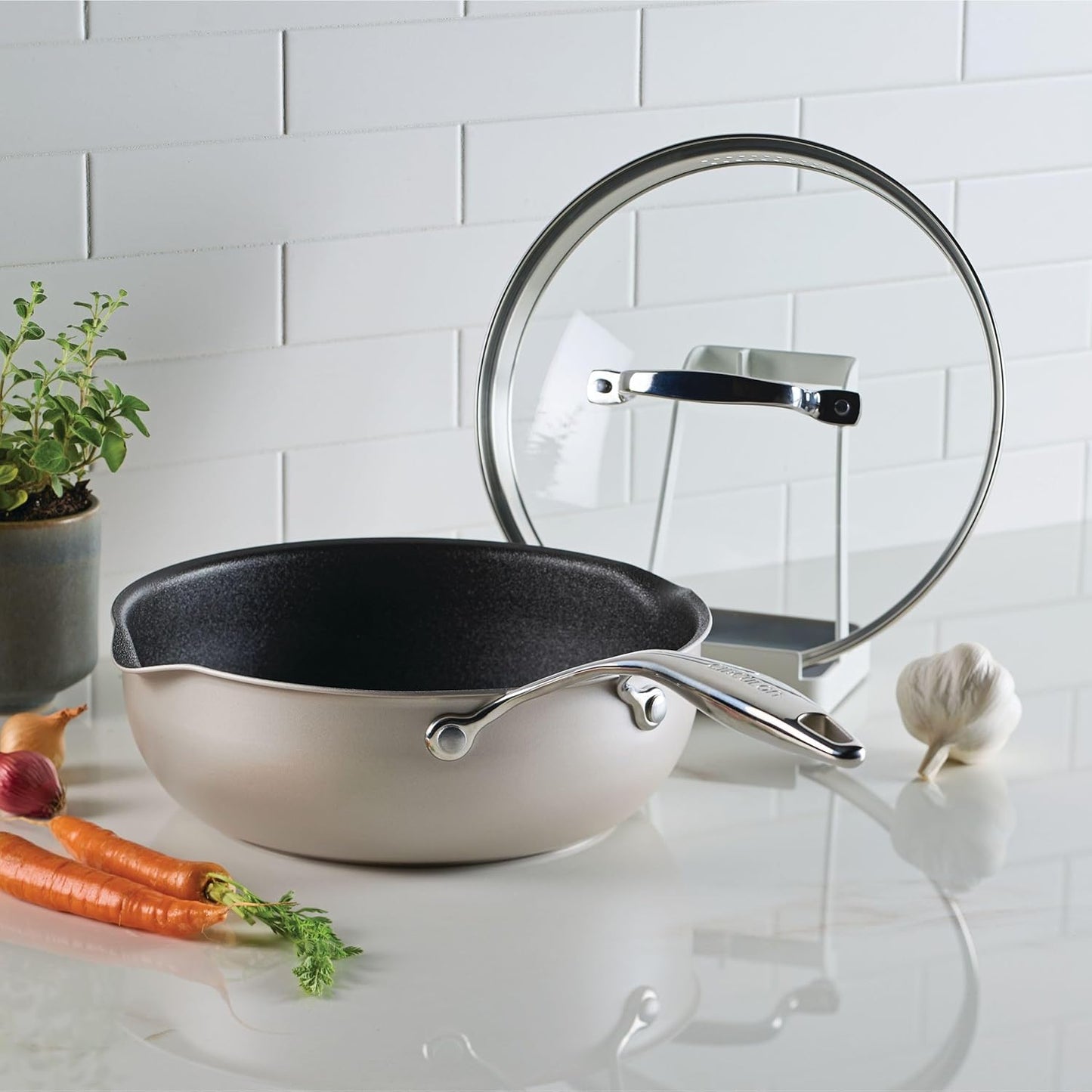 Circulon Infinity Pan with ScratchDefense Nonstick Cookware, Induction Suitable, Dishwasher Safe with Multipurpose Tool Holder and Lid, 9.5 Inch (3.2-Quart), Multipan, Metal Utensil Safe - Platinum