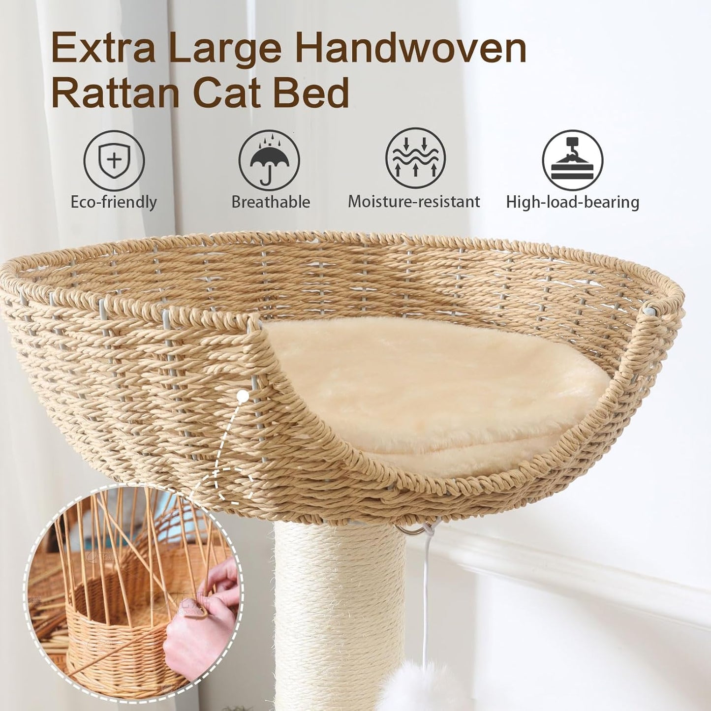 Wooden Cat Tree for Large Cat, 49.6IN Tall Cat Tower with Scratching Post for Indoor Cats, Multi-Level Cat Condo with Hand-Woven Cat Bed and Scratching Board Easy to Clean