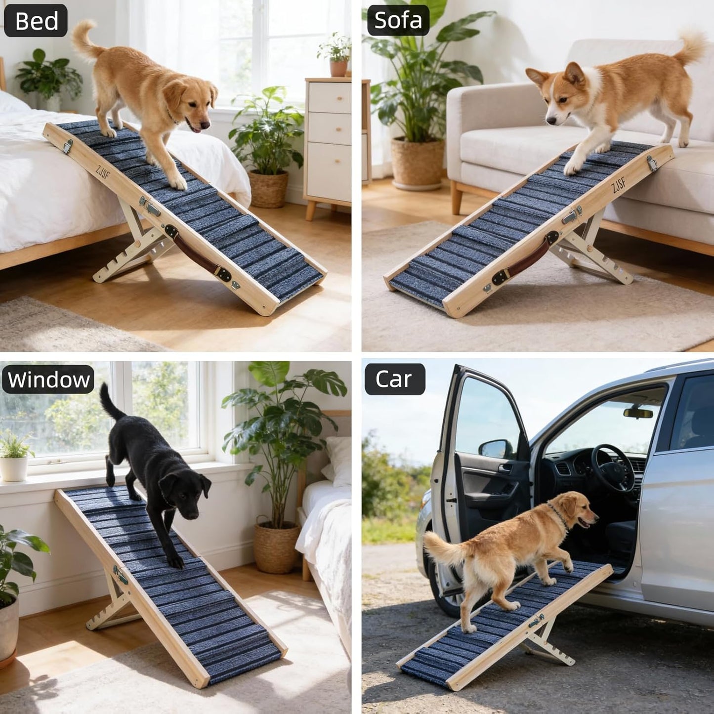 ZJSF Foldable Dog Ramp for High Bed, Wooden Dog Stairs to Bed for Small Dogs, High Traction Platform with 4 Adjustable Heights (14"-19.7"), 33", Supports up to 70 lbs