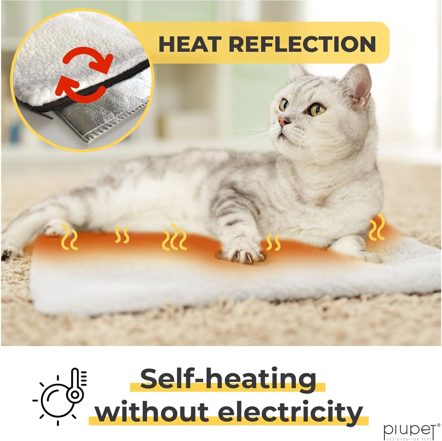PiuPet® Self Heating Cat Bed 23.5 x 17.7inch - Thermal Self Warming Cat Mat for Indoor & Outdoor Use - Extra Soft Fluffy Blanket, Non-Electric Pad, Non-Slip Bottom, Removable & Washable Cover (White)