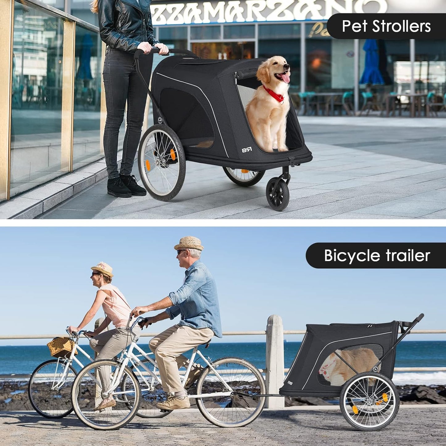 R8 Extra Large Foldable Pet Stroller, Dog Stroller & Pet Trailer for Large Dogs Under 100 lbs, Unmovable, Disabled & Pregnant Dogs - Conveniently Carriable by Bike and Car, Black