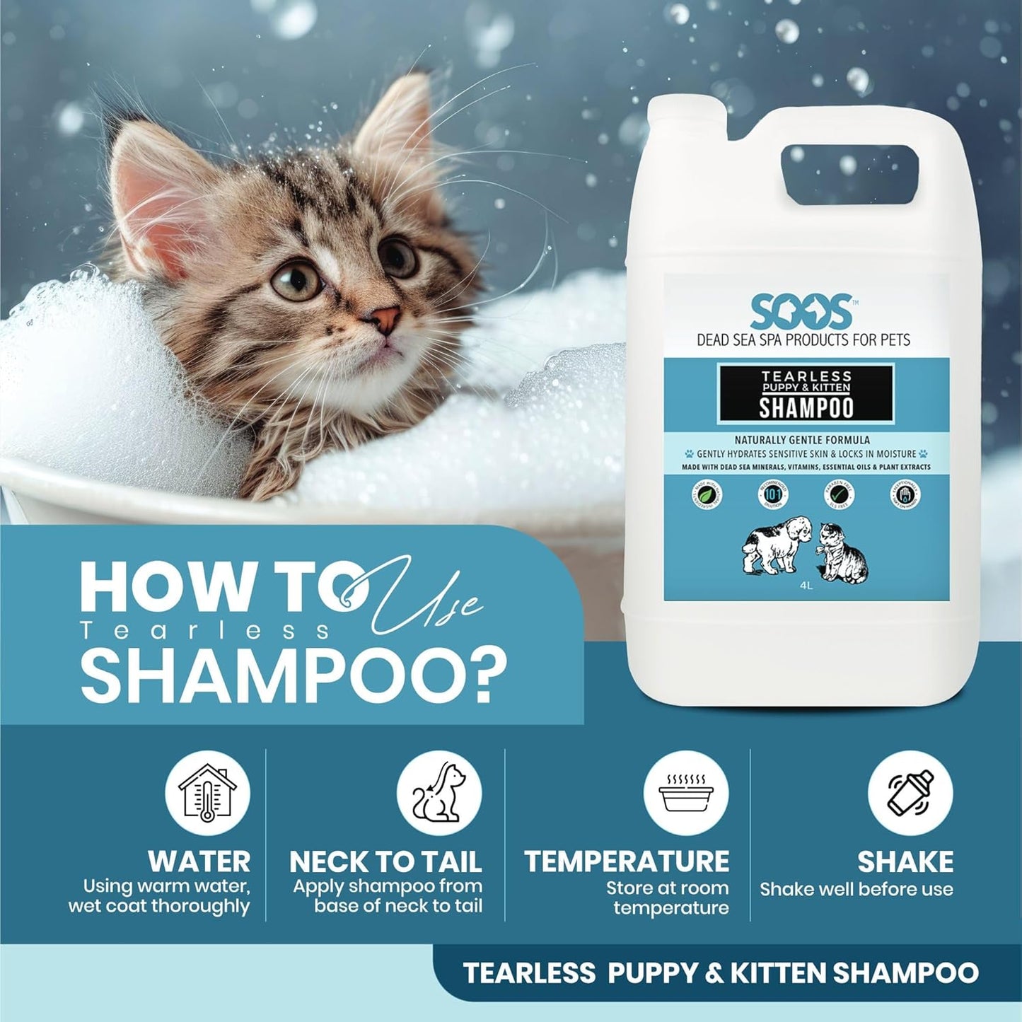 Soos Pets Pet Shampoo Natural Dead Sea Tear-Less Fast Absorbing with Vitamins Minerals Essential Oils Natural Elements for Puppy and Kitten - 1x Pet Shampoo (4L / 1.32 gal)