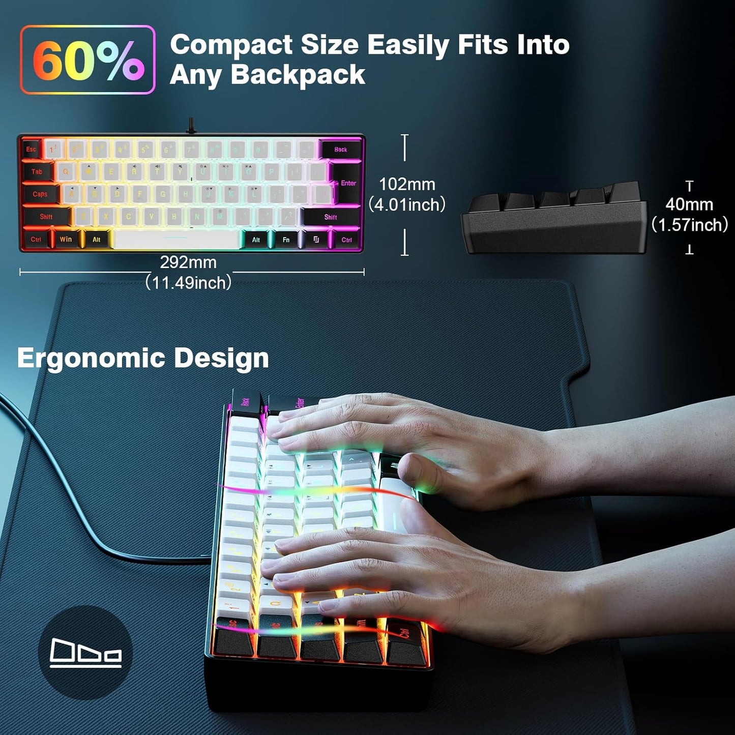 Snpurdiri 60% Wired Gaming Keyboard, 61 Keys RGB Backlit Ultra-Compact Small Gaming Keyboard, for PC/Mac Gamer, Typist, Travel, Easy to Carry on Business Trip(Black-White)