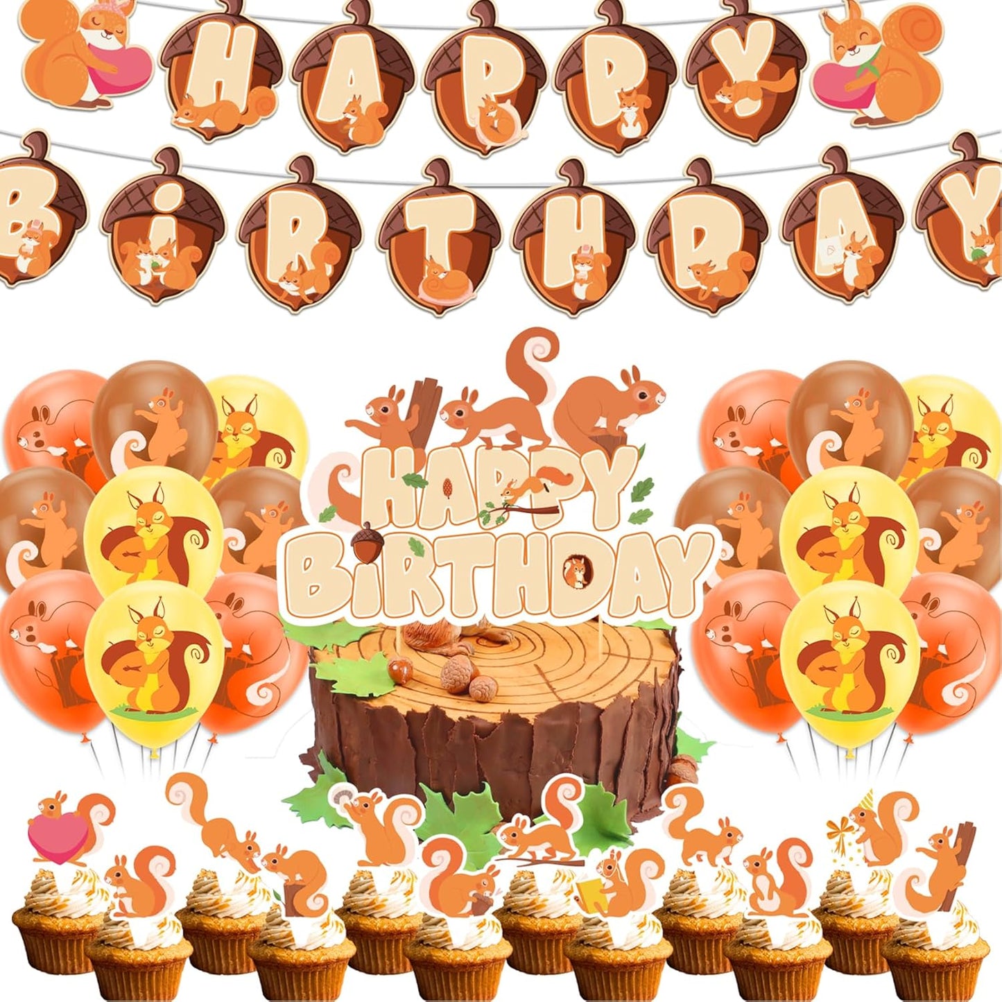 Woodland Animals Squirrel Party Supplies - Includes Squirrel Birthday Banner, Cake Topper, Cupcake Toppers & Balloons for Zoo Animals Themed Party