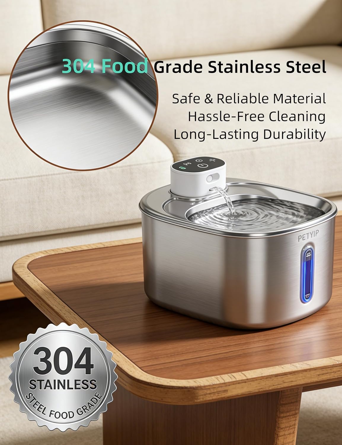 Wireless Cat Water Fountain,Stainless Steel,135 fl oz/4L Battery Powered Automatic Pet Water Dispenser, Cordless Design,Drinking Fountain for Cats, Dogs & Indoor (Cat Fountain+2 Filter)