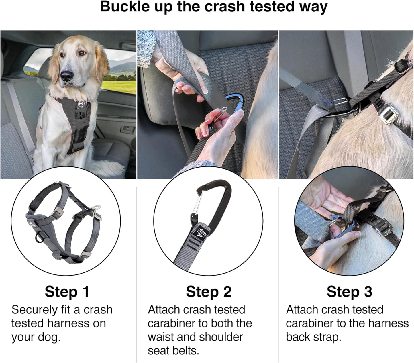 Kurgo Enhanced Strength Tru-Fit Dog Car Harness - Pet Travel Safety Harness - Crash Test Certified Fit - Five Point Adjustment - Secure Buckle - Padded Chest - Charcoal - Small