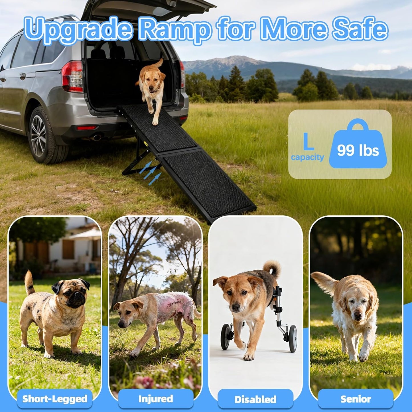 Dog Ramp for Car,49.4"x 16.1" Dog Stairs for Large Dogs with Anti-Slip Surface,Large Folding Pet Stairs for SUV,Truck with Adjustable Height,Outdoor Portable Wide Dog Steps up to 99LBS