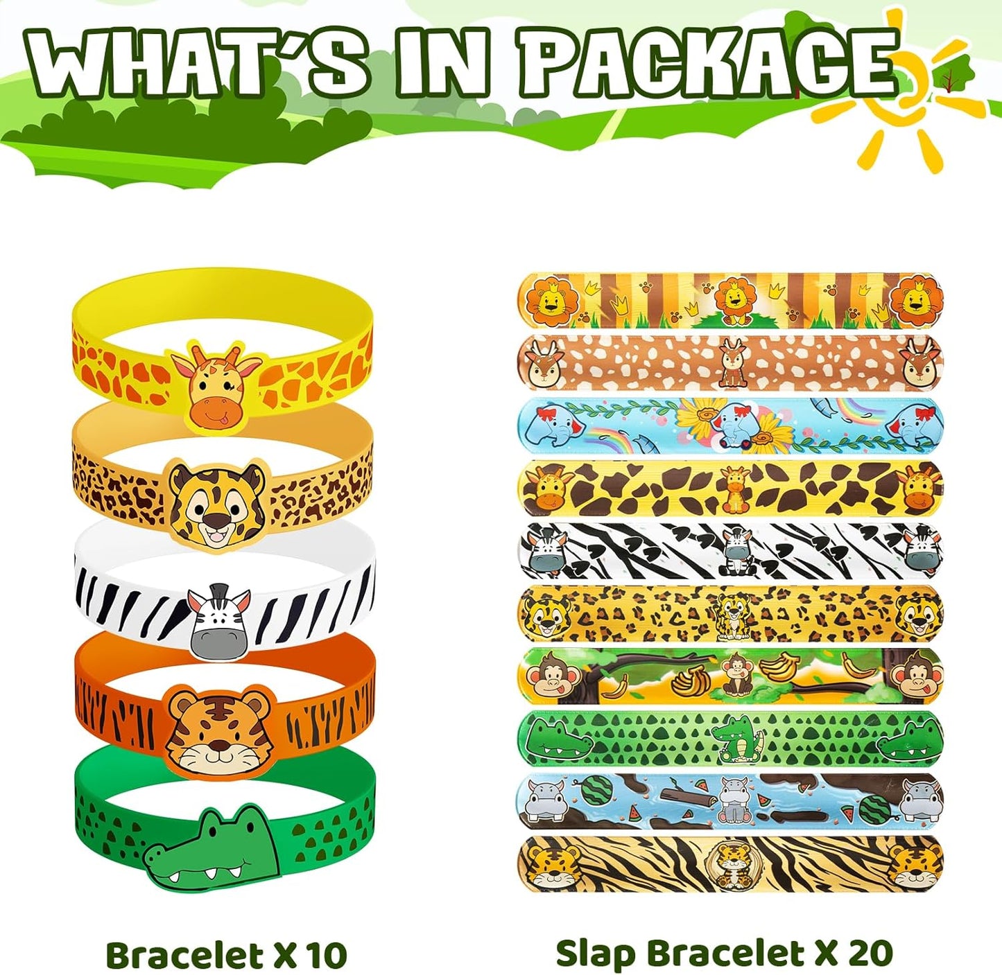 Jungle Safari Party Favors 30 Pcs Wild Animals Slap Bracelets and Rubber Wristband for Kids Birthday Gifts, Wild Theme Party favors for Kids Birthday Party Jungle Safari Party Supplies