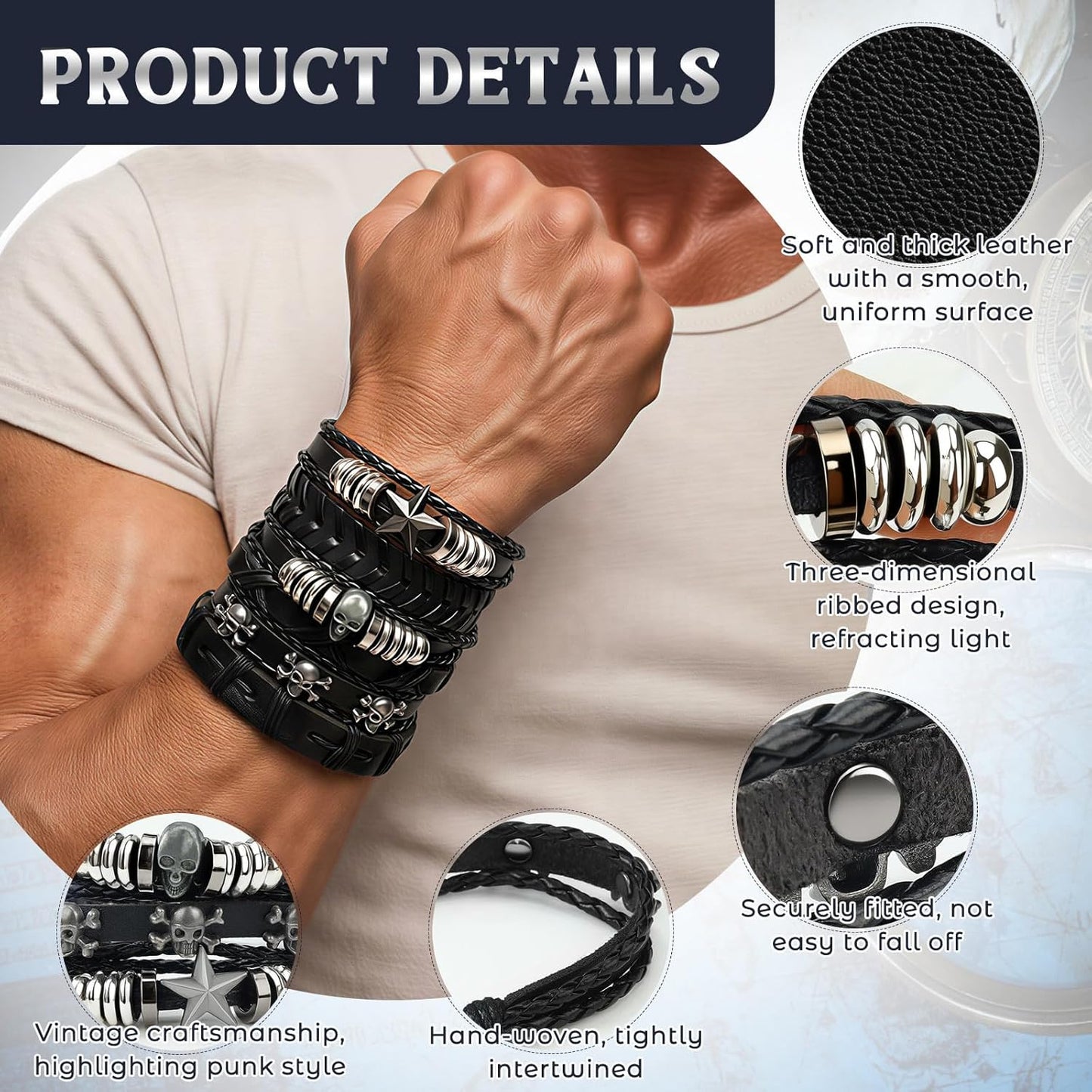 Punk Leather Rivets Bracelets Punk Rock Leather Studded Bracelets 80s Wristband Emo Gothic Spike Cuff Bracelet Set for Men Women Rocker Outfits Skull Bracelet