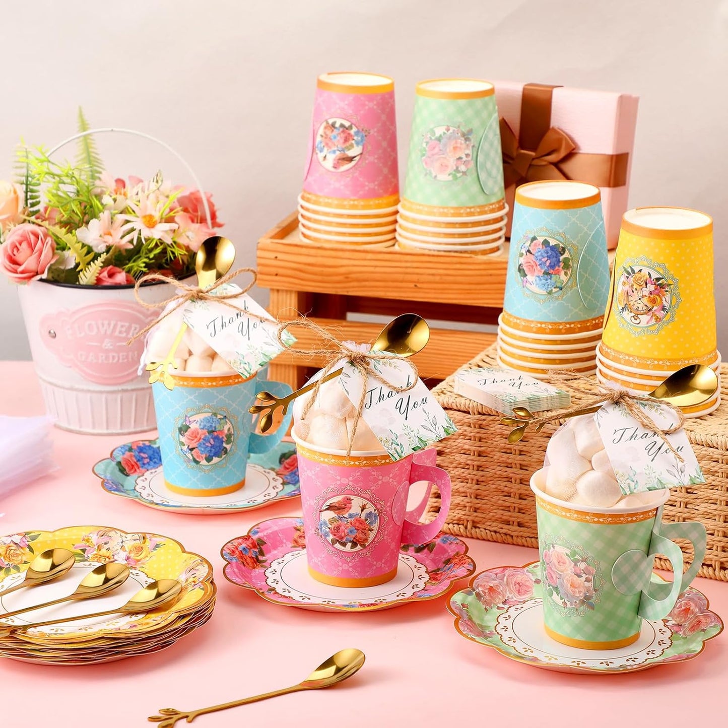 125 Pcs Tea Party Favors Set Floral Paper Teacups with Saucers, Vintage Style Tea Spoons, Disposable Spring Party Supplies for Hot or Cold Drinks, Ideal for Birthday Baby Shower Bridal