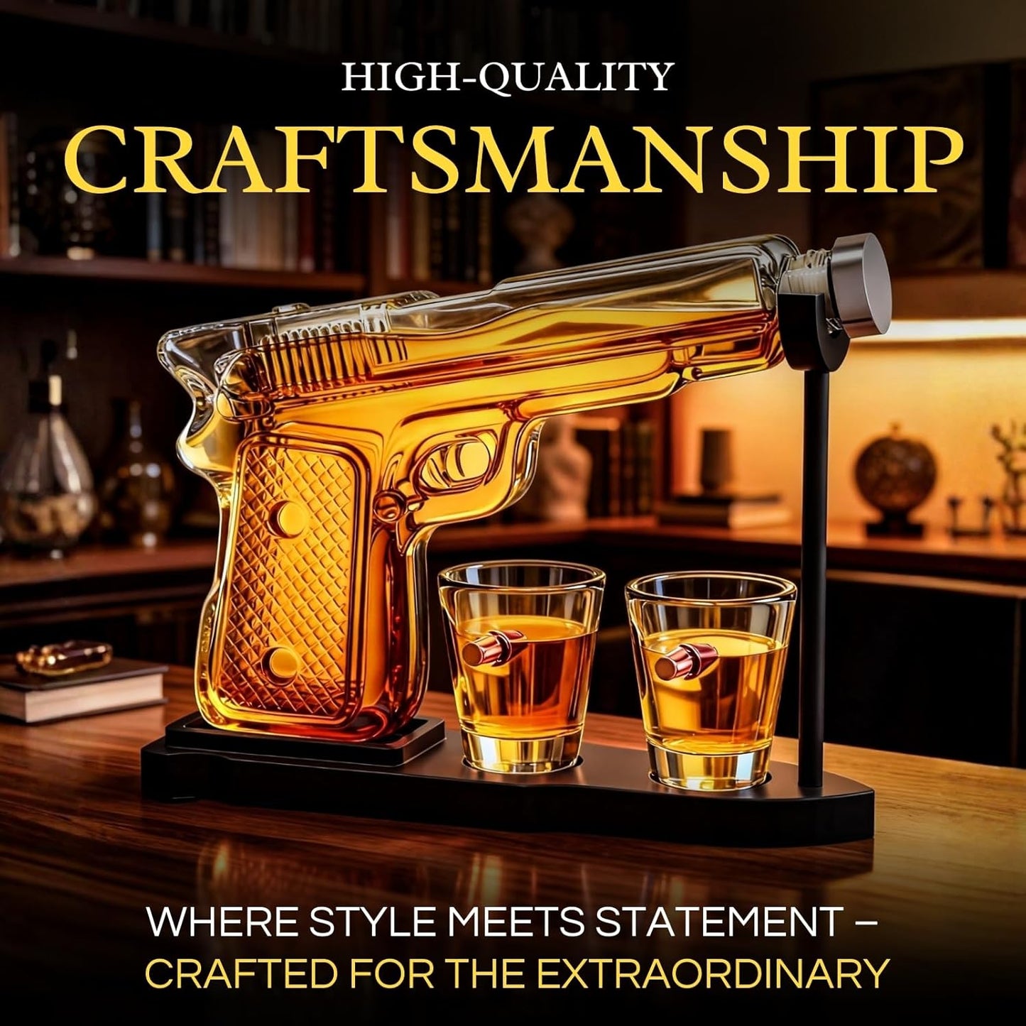 Whiskey Gun Decanter Set + 2 Bullet Glasses - Birthday Pistol Gifts for Men, Boyfriends Who Have Everything, Whiskey Gifts for Dad, Father, Husband, Boyfriend & Military Enthusiasts, Liquor Dispenser
