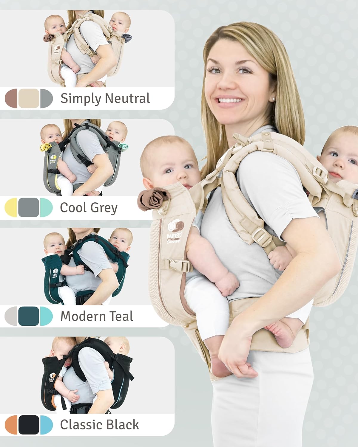 TwinGo Carrier - Breathable Twin Baby Carrier That Separates into 2 Baby Carriers, Adjustable Twin Carriers for Babies and Toddlers (10-45 lbs), Fits Adults XS-XXL - Air Model, Simply Neutral