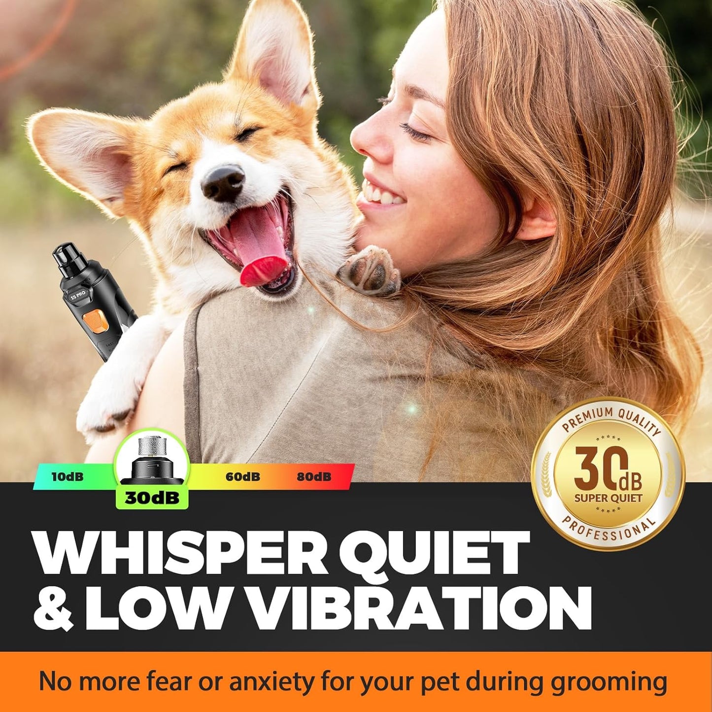 Whisper Quiet Dog Nail Grinder with LED Light, Safe & Stress-Free for Sensitive Dogs of All Breeds & Sizes, 3 Grinding Bits, 3-Speed, Pet Nail Trimmers, Rechargeable Painless Grooming Kit