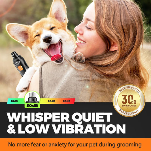 Whisper Quiet Dog Nail Grinder with LED Light, Safe & Stress-Free for Sensitive Dogs of All Breeds & Sizes, 3 Grinding Bits, 3-Speed, Pet Nail Trimmers, Rechargeable Painless Grooming Kit