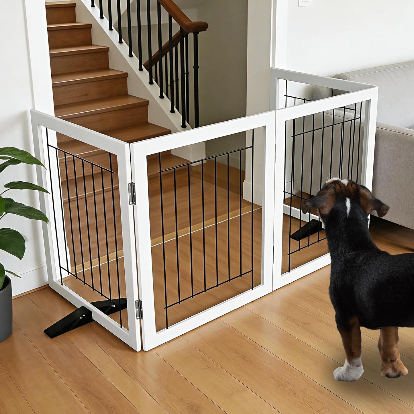 Dog Fence Indoor - 3-Panel Freestanding Dog Gate for Doorways, Hallways, House or Stairs -60x24-Inch Retractable Foldable Expandable Wood Pet by SFJC (White)