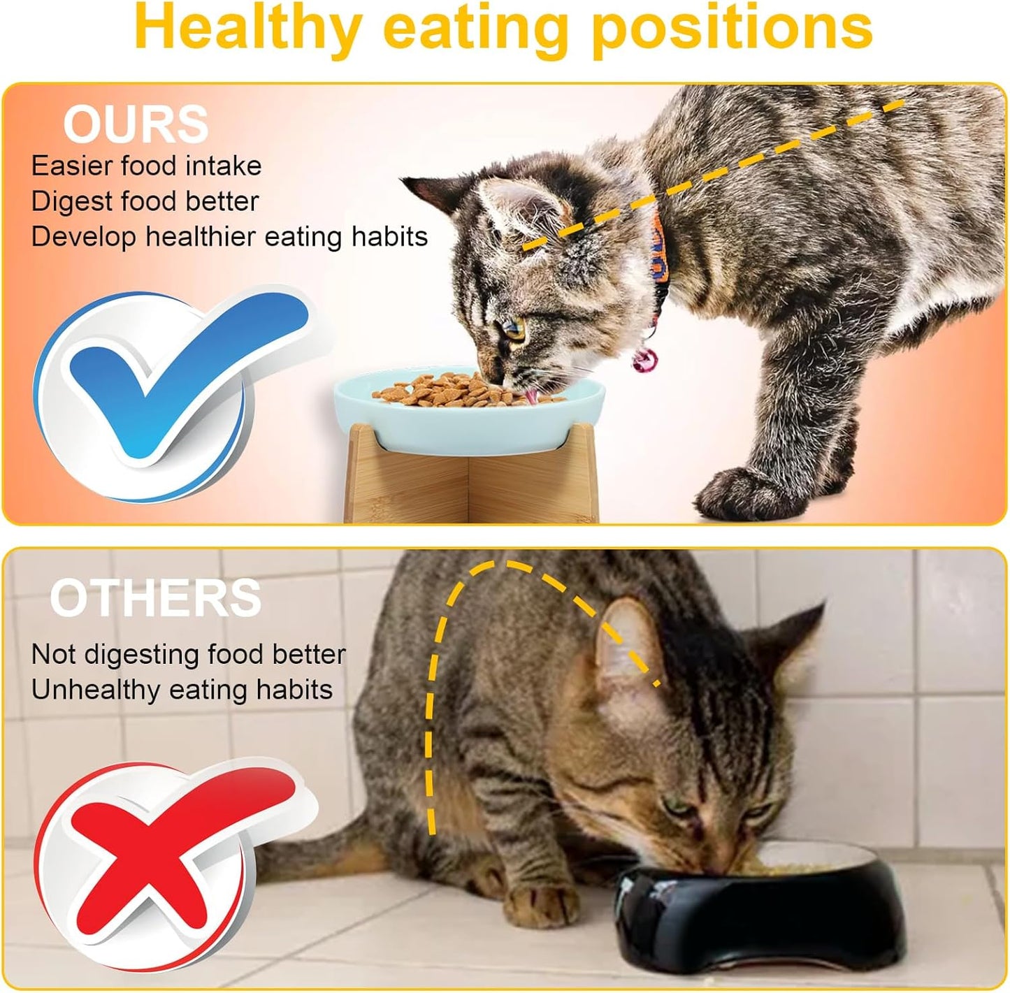 Raised Cat Bowl Elevated Cat Bowls with Wood Stand Ceramic Raised Cat Slow Feeder Bowl 6.4×1.14 Inch Cat Feeding Bowl Anti Vomiting Cat Food Bowl Non-Slip Slow Eating Cat Bowl Cat Dish Feeder