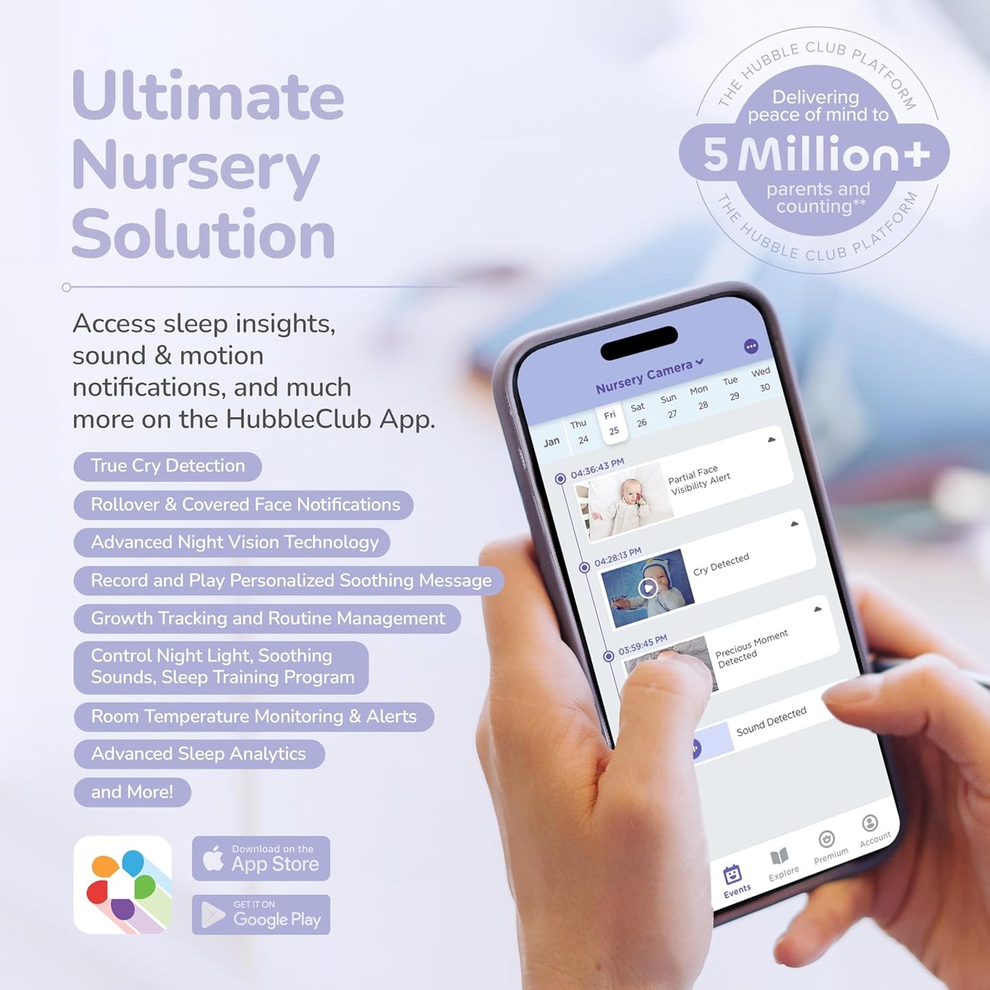 HUBBLE CONNECTED GoBaby AI - 2K HD Baby Monitor Camera w/Advanced AI Monitoring, Covered Face & Rollover Detection, True Cry Alerts, Sleep Training & Smart Soother — w/Flexible Mount