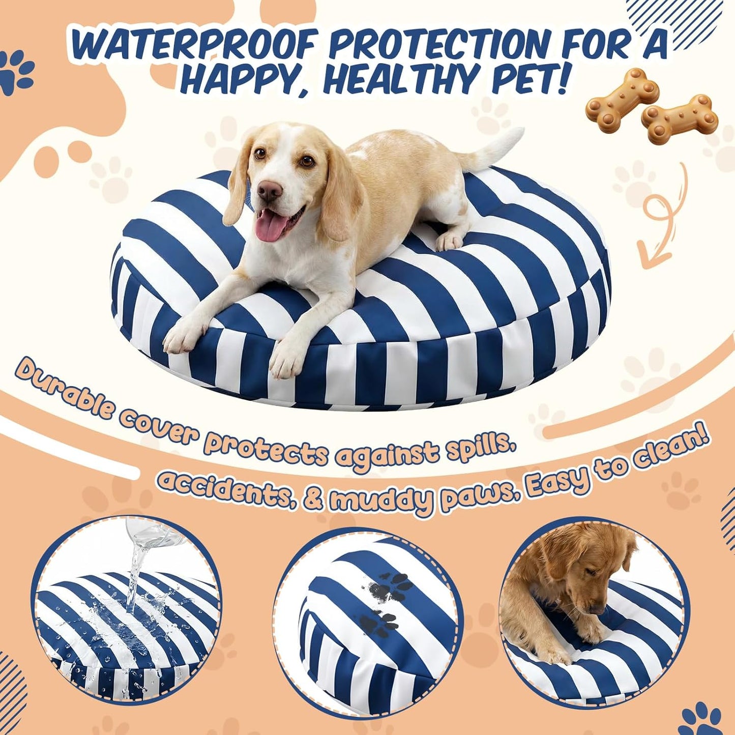 42 Inch Large Waterproof Outdoor Dog Bed, Washable Round Pet Bed for Medium Large Dogs, Blue and White Vertical Striped, UV Resistant Durable Pet Cushion for Indoor Outdoor Travel Use