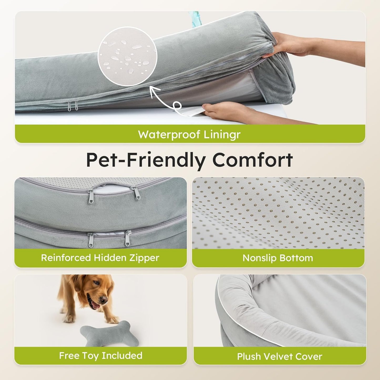 XXL Orthopedic Dog Bed, 53 in. Dog Bed for Large Sized Dogs with Full-Surround Bolsters, Dual-Sided Dog Cooling Beds with Memory Foam, Washable Pet Sofa Couch with Nonslip Bottom, Light Grey