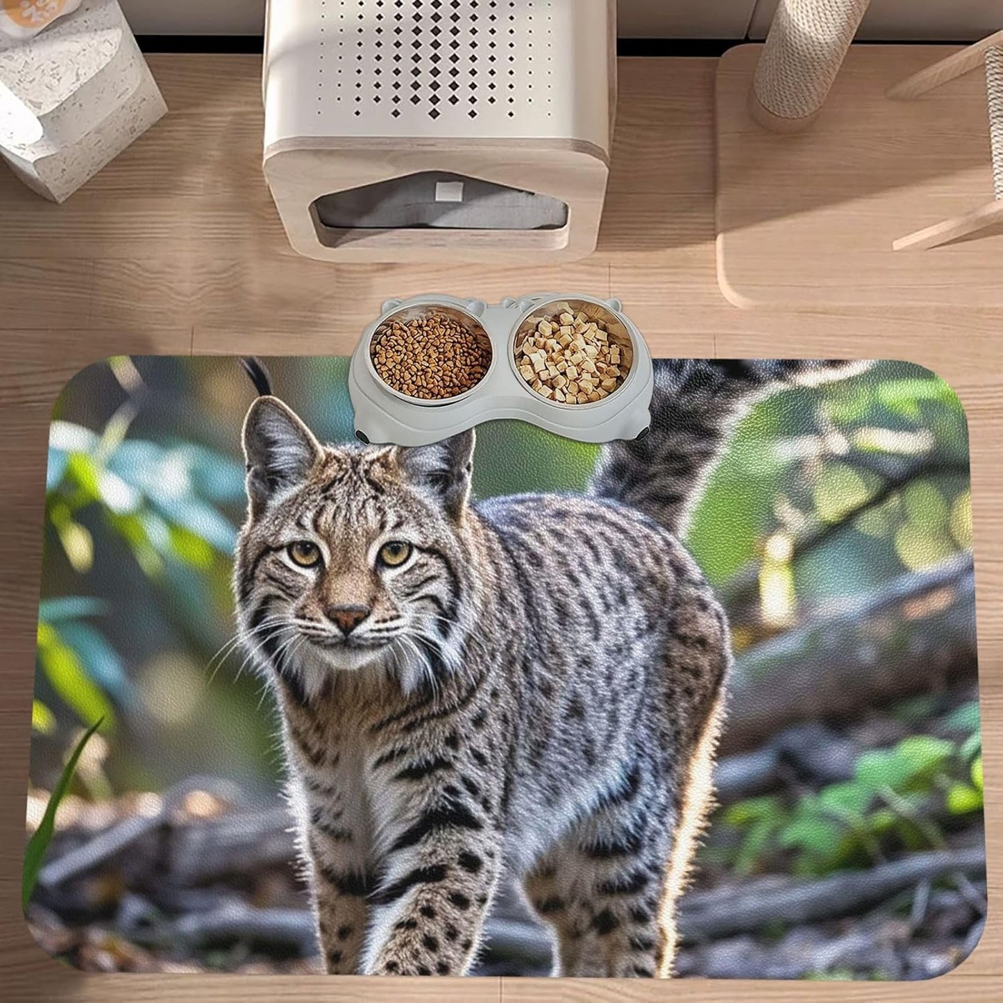 Pet Feeding Mat Leather Dog Food Mat Waterproof Pet Tablecloth Wild Bobcat Pet Placemat for Dogs Absorbent Dog Bowl Mat Anti-Slip Dogs Mats for Food and Water