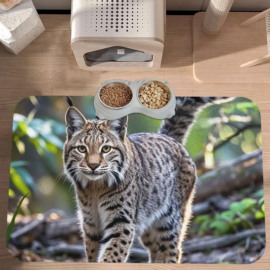Pet Feeding Mat Leather Dog Food Mat Waterproof Pet Tablecloth Wild Bobcat Pet Placemat for Dogs Absorbent Dog Bowl Mat Anti-Slip Dogs Mats for Food and Water