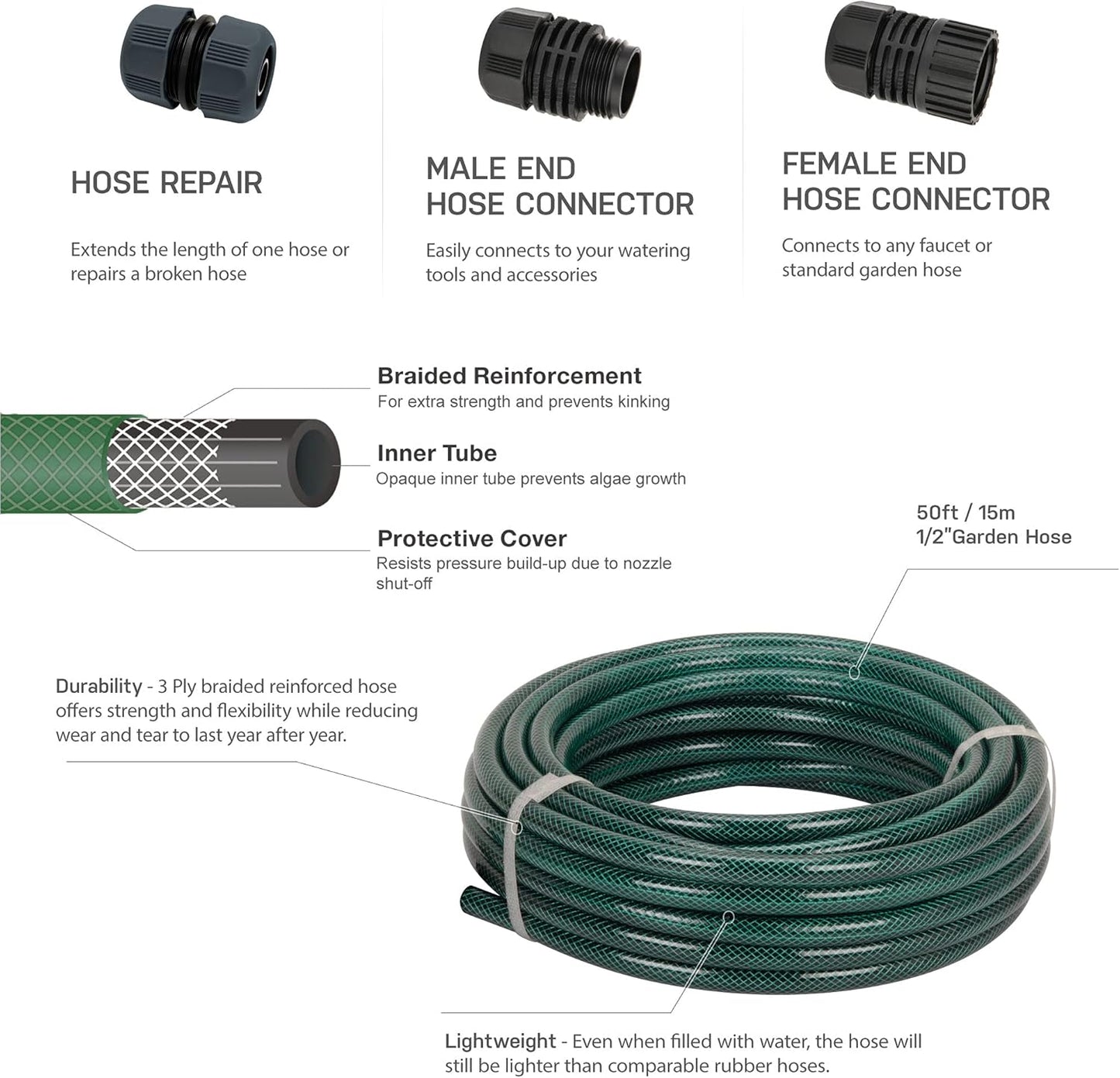 Eden 94051 Rubber Garden Hose 1/2 in. x 50 ft, DIY Hose Set