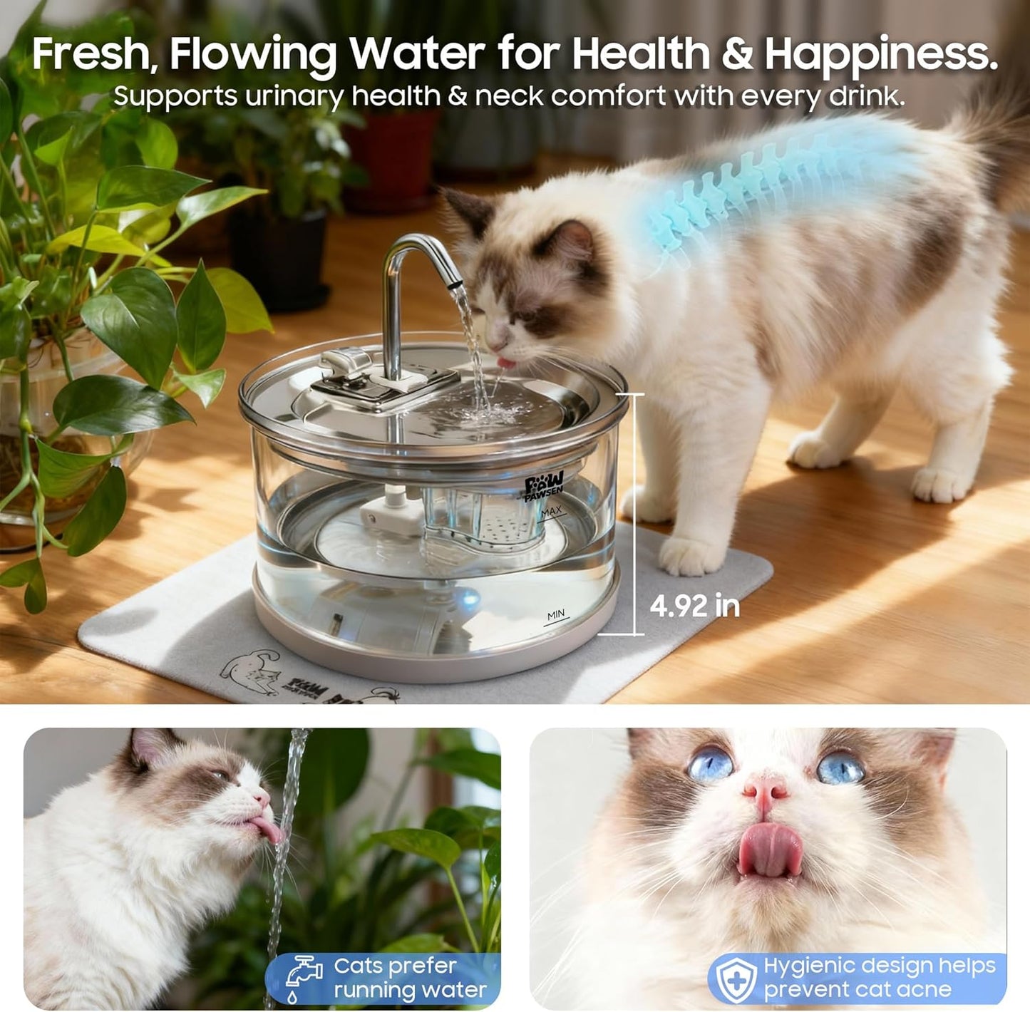 Glass Cat Dog Water Fountain 70oz/2.1L for Cats Dogs with 3 Spray Heads with LED Light,Ultra-Quiet, Automatic Water Dispenser, Glass & Stainless (Water Fountain)