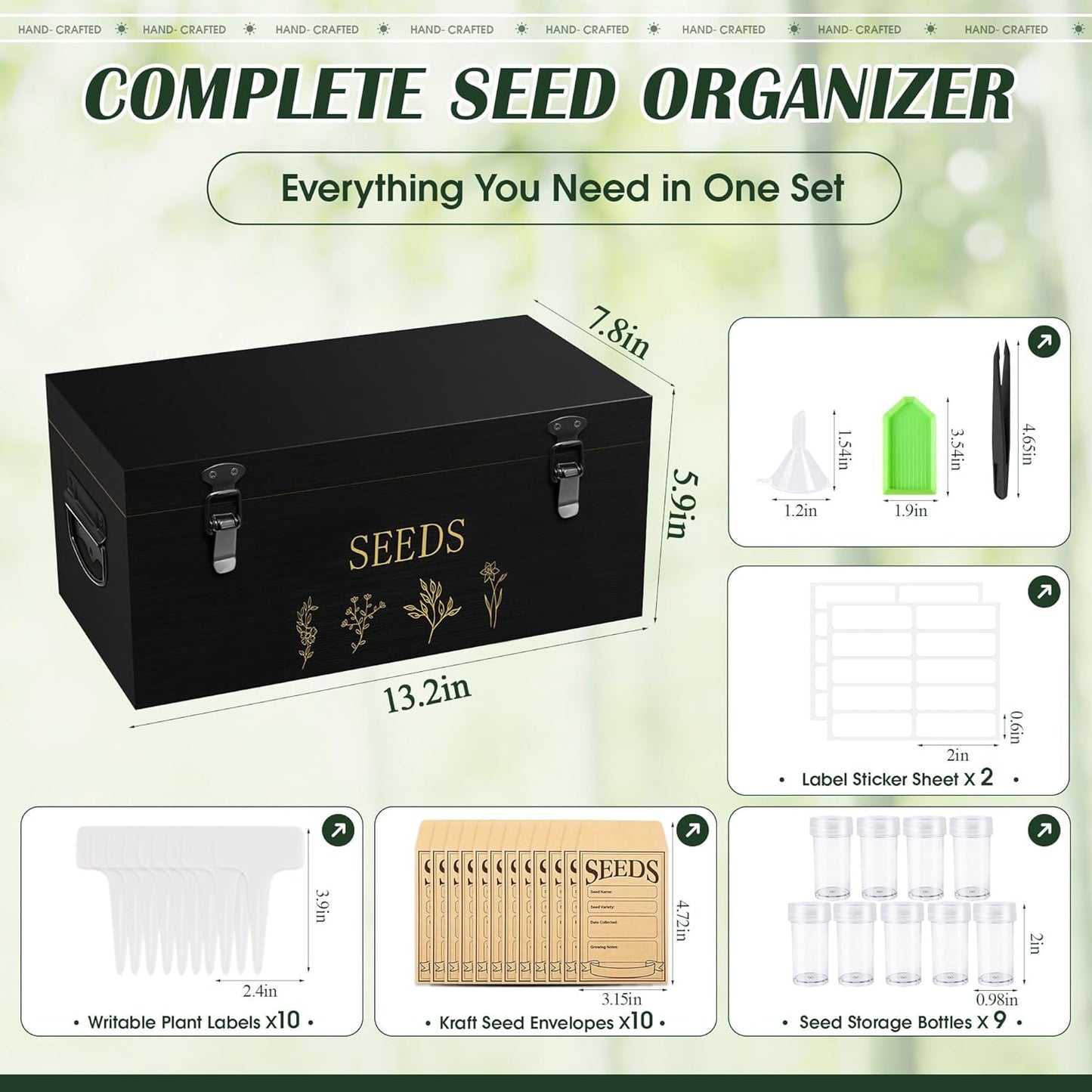 Bamboo Seed Storage Organizer, Large Garden Seed Organizer with Lid & Safety Lock & Handles, Seed Box Storage Organizer Includes Seed Envelopes and Labels etc, Great Gifts Gardening Kit (Black)