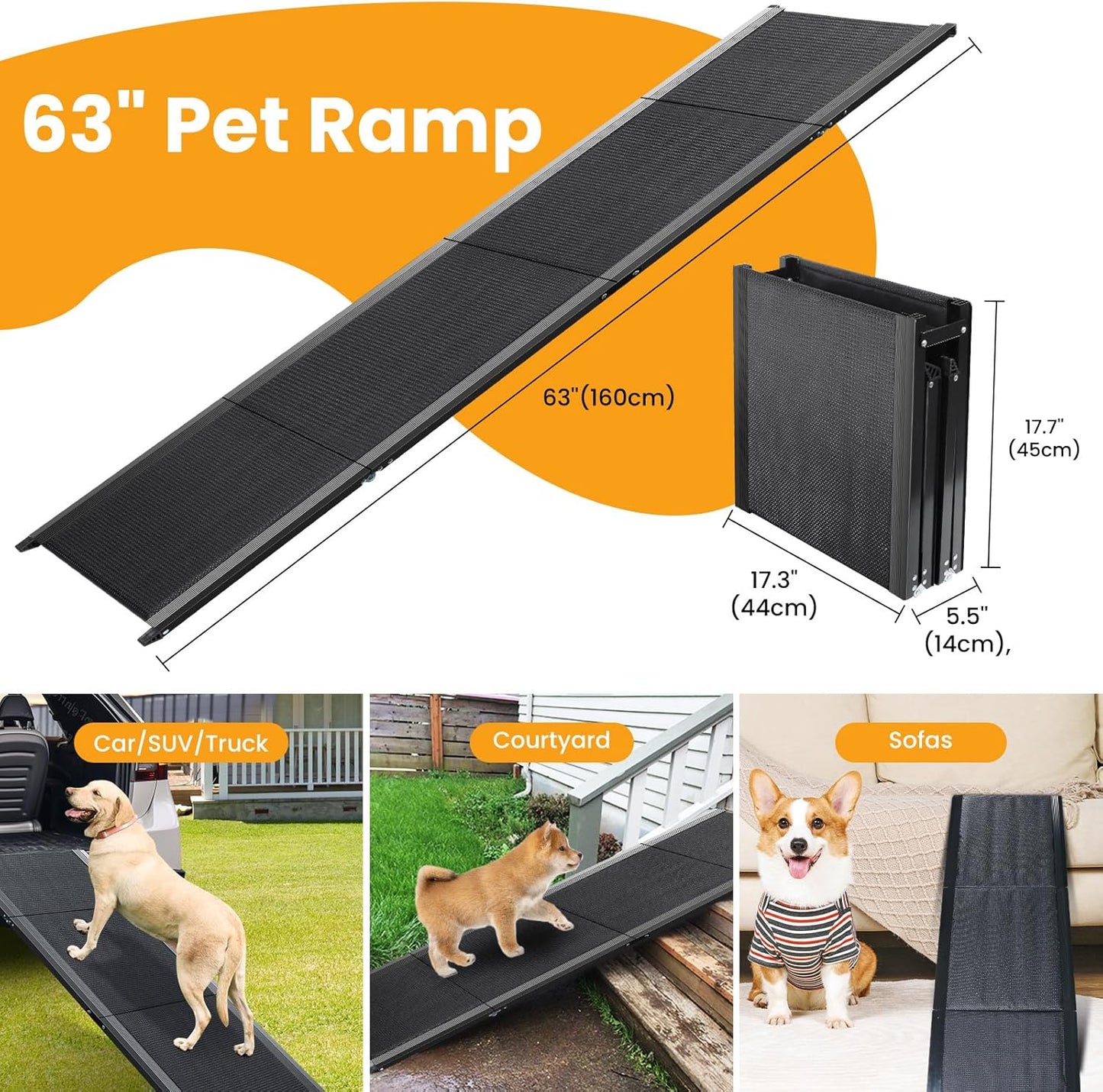 Dog Ramp, Dog Ramp for Car with Anti-Slip Surface, 63''x17.3'' Folding Pet Ramp for Large Dogs to Get on Truck SUV Van Up to 250LBS, Car Ramp for Dogs Dog Stairs for Bed Couch Outdoor Indoor