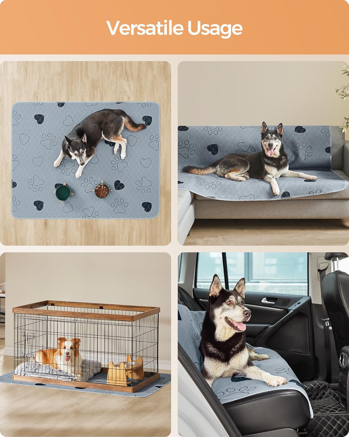 Feandrea Washable Dog Pee Pads, 2 Pack, Reusable Dog Pads, 60 x 48 Inches, XXL, Waterproof Pet Training Pads, Leakproof, Non-Slip, Super Absorbent, Gray UPTD048G01