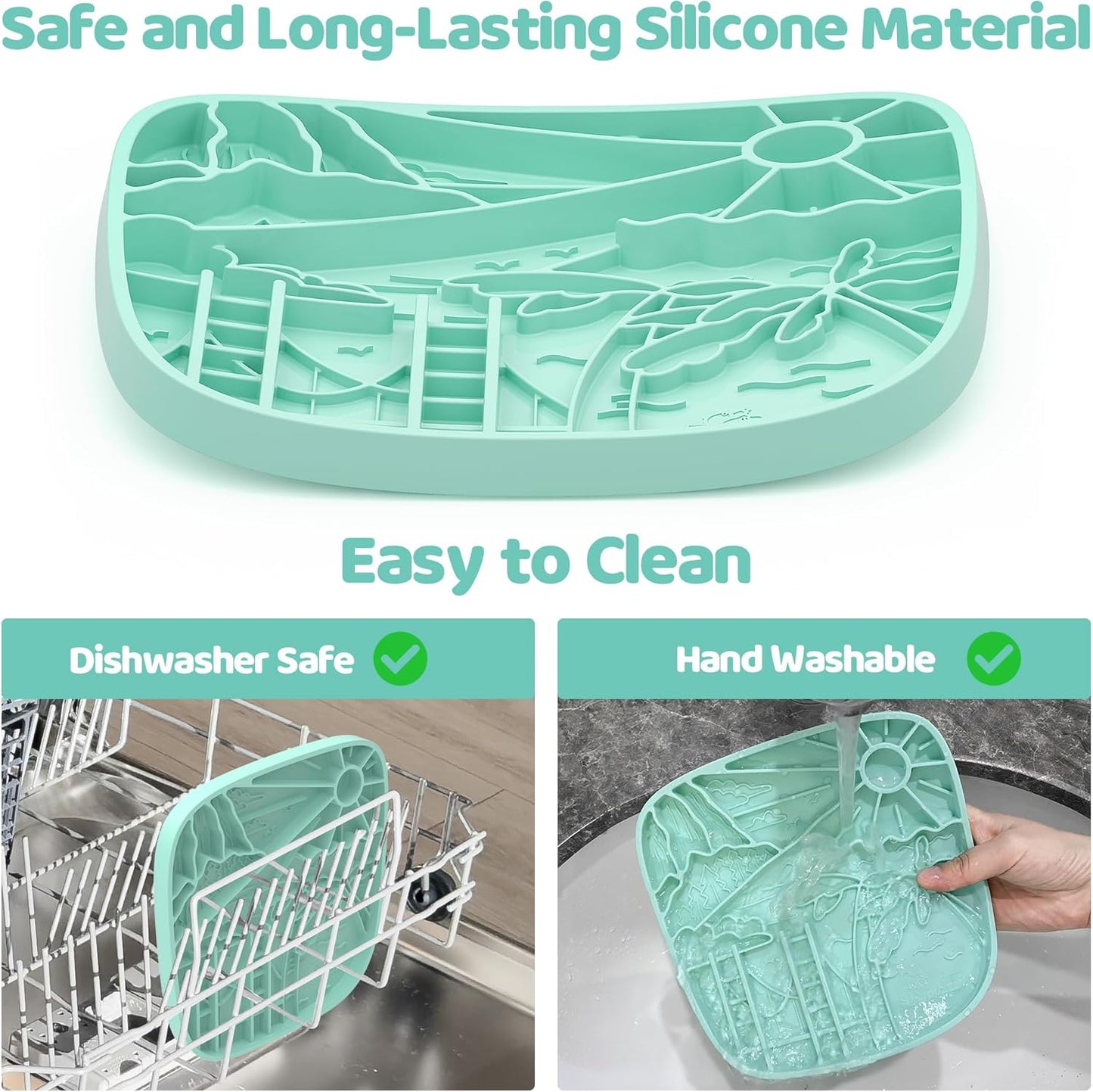 Puzzle Feeder Snuffle Mat and Lick Mat for Dogs, California Textured Slow Feeder, 0.75 Inch Thin Silicone Mat Holds 3 Cups, Dishwasher and Microwave Safe, Green