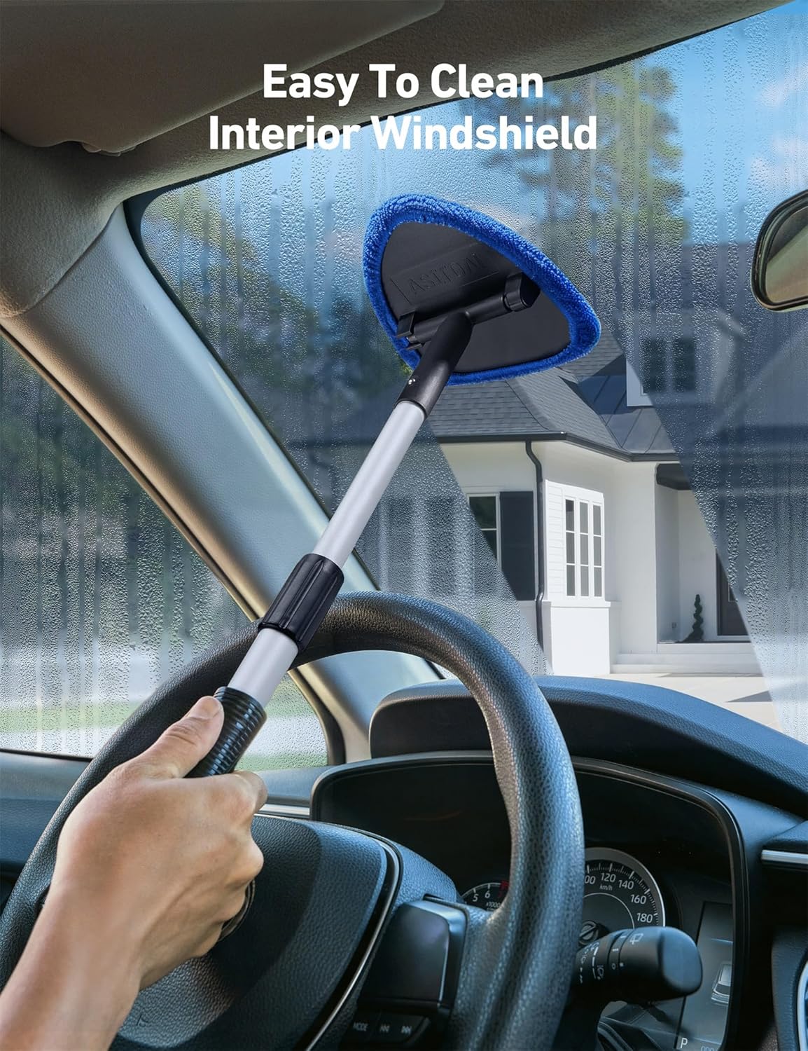 AstroAI Windshield Cleaner Tool, Car Interior Window Detailing Cleaning Kit with Extendable Handle and 4 Easy-to-Install Reusable Microfiber Pads, Auto Glass Wiper Brush Kit for Car&Home, Blue, 21in