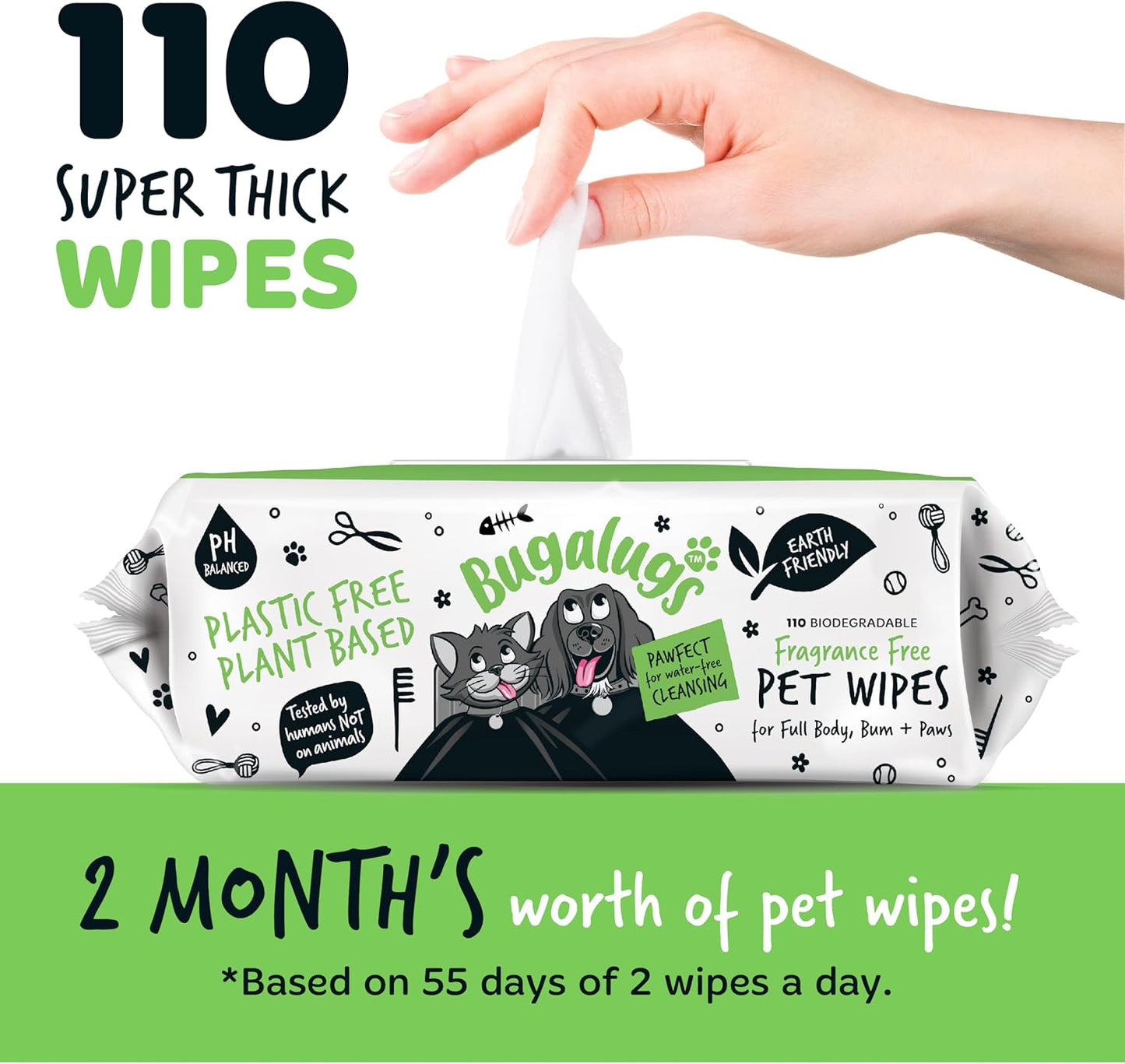 BUGALUGS Dog Wipes, 100% Plastic Free Biodegradable pet Wipes for Full Body, Eye Wipes, Ear Wipes, Bum & Paws. 110 Sensitive Dog Grooming Wipes for Dogs, Puppy & cat Grooming (Fragrance Free)