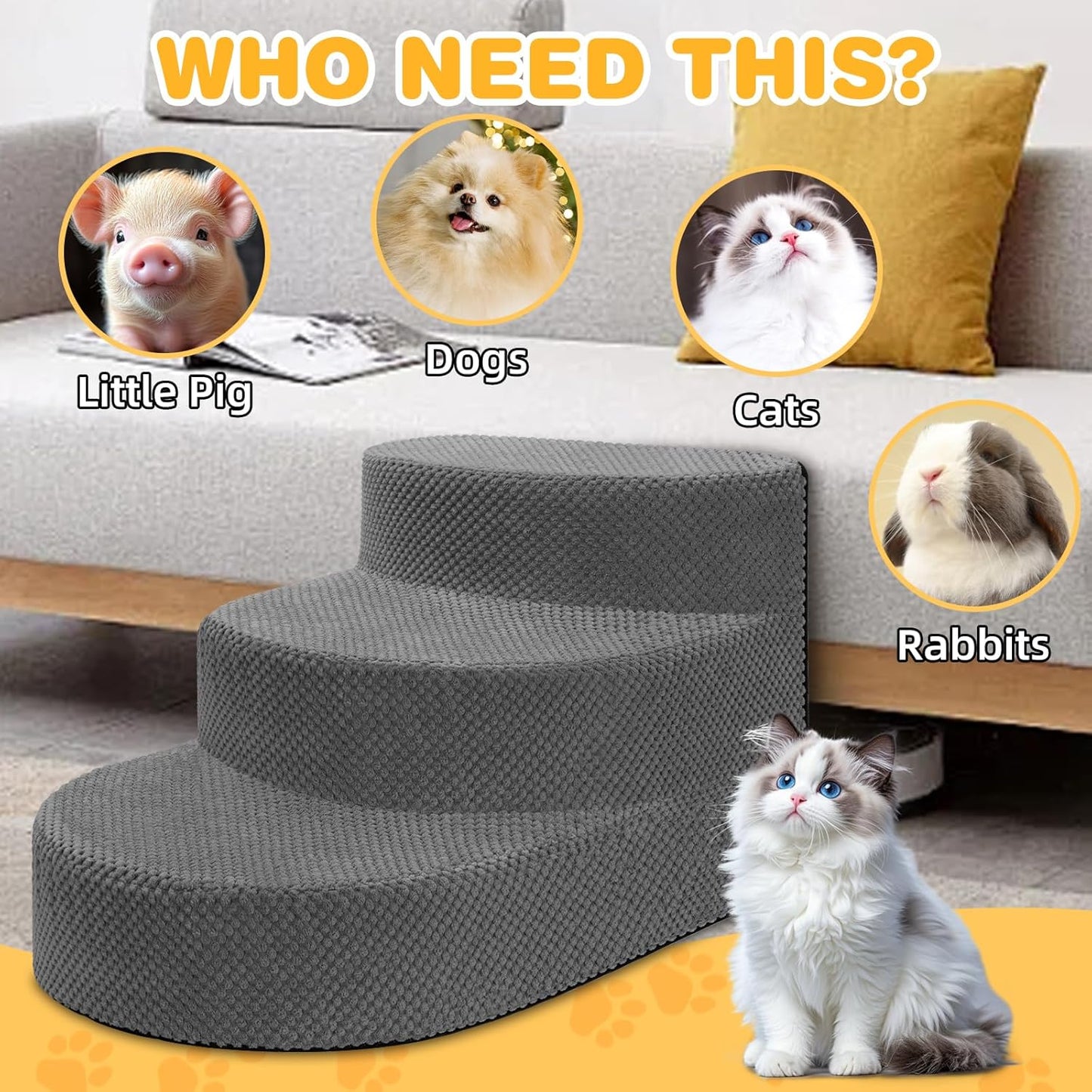 Dog Stairs for Small Dogs, Foam Steps for Small Dogs & Cats, 3 Steps Dog Ramp for High Beds, Couch, Window, Sofa, Pet Stairs with Removable Washable Cover, Non-Slip Sturdy Pet Steps, Grey